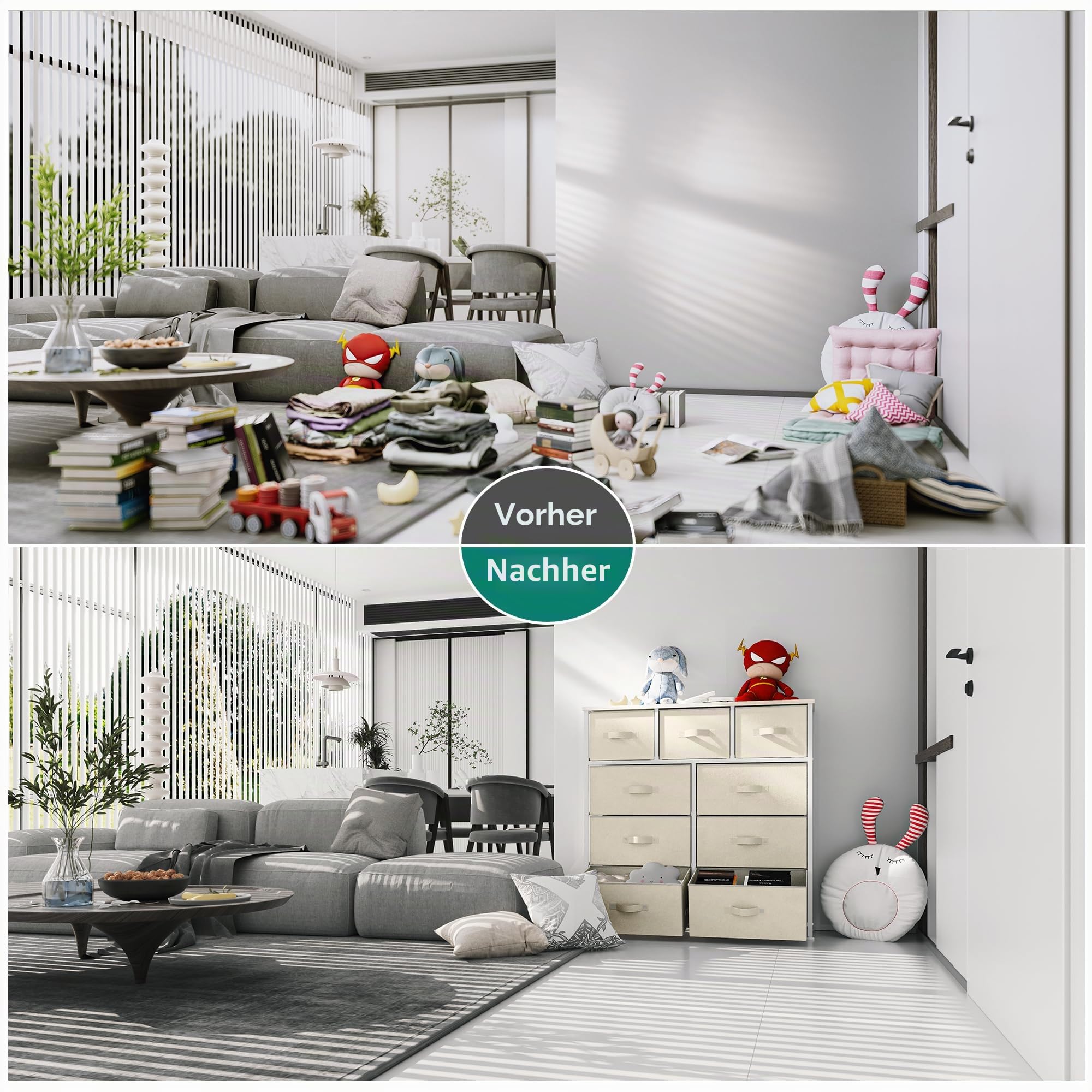 YITAHOME Kommode, 9 Stoffschubladen mit Griffen, Aufbewahrungsschrank, Schubladenschrank, Schrank, Metallgestell, stoffkommode für Schlafzimmer, für Wohnzimmer, Flur, Büro, cremeweiß