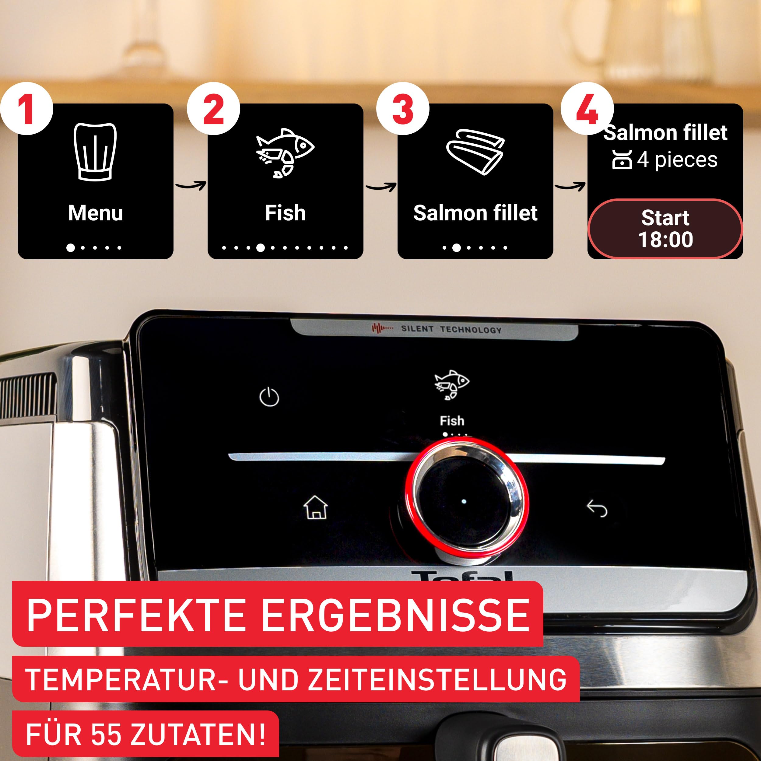 Tefal Easy Fry Silence Heißluftfritteuse, 7 L Fassungsvermögen, Silent-Technologie, Smart Assist System, bis zu 8 Portionen, abnehmbare Front mit Sichtfenster, Schwarz, EY876DE0