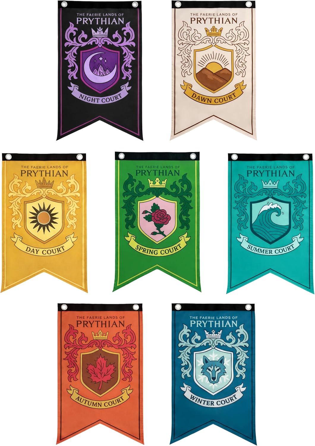 ConQuest Journals A Court of Thorns and Roses Courts of Prythian Banner Flags, Set of 7 Polyester Banners, ACOTAR Home Wall Decor, Party Decorations, 12" x 20" Officially Licensed Sarah J. Maas Merch
