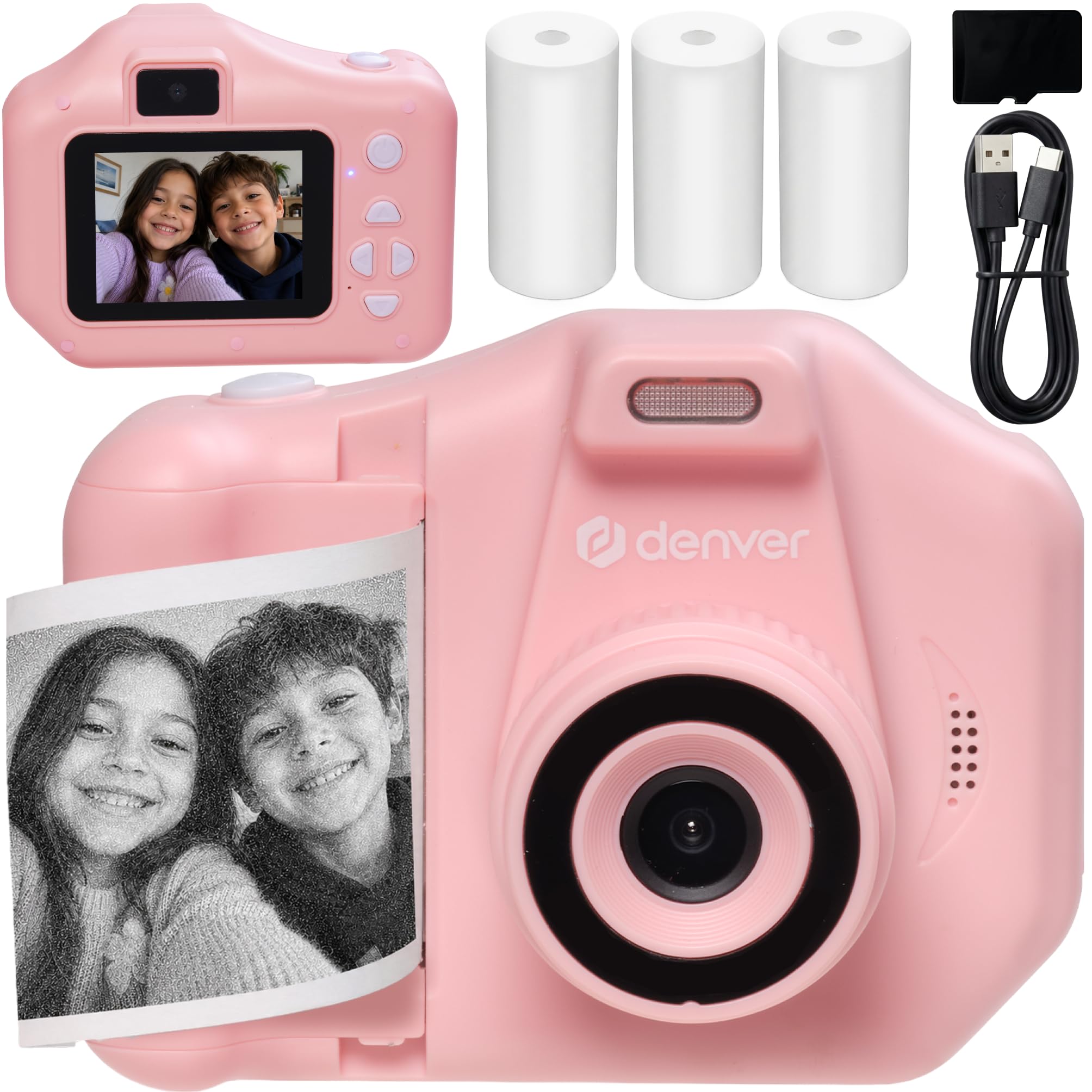 Denver KPC-1370 Cámara Infantil con impresión térmica Rosa, Pantalla 2,8”, vídeo 1440p interpolado, 3 Rollos incluidos
