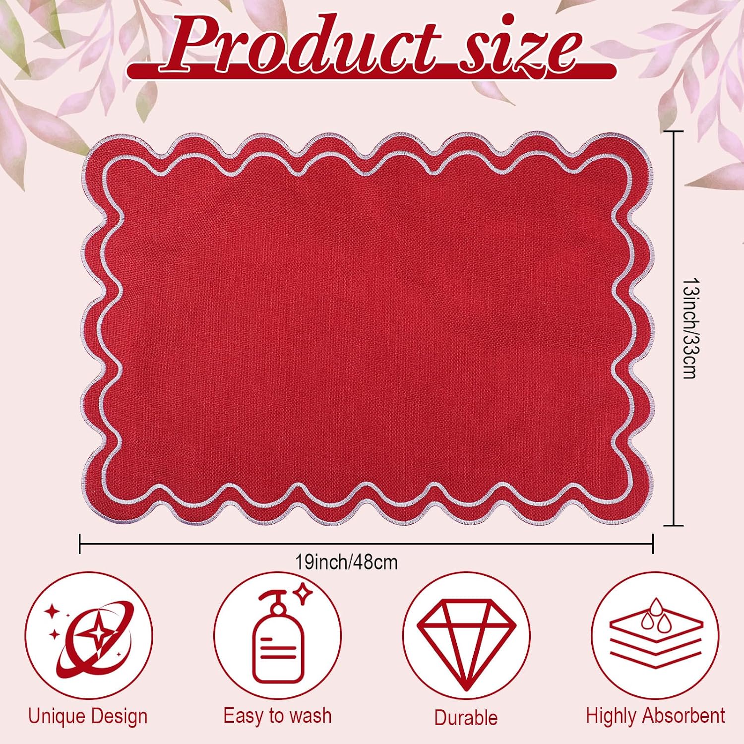 Linen Placemats Set of 12 Scalloped Placemat 13 X19 Wavy Embroidery Double Layered Washable Farmhouse Dinner Fabric Table Mat Napkin for Wedding Party Christmas Hotel Restaurant(Red)