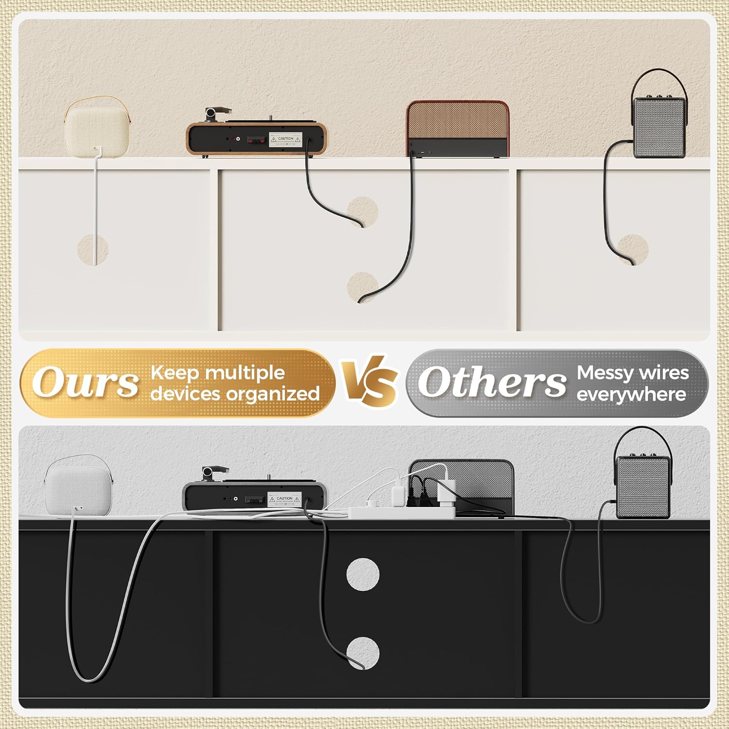 SUPERJARE TV Stand for 65 Inch TV, Entertainment Center with Adjustable Shelf, Rattan TV Console with 2 Cabinets, Media Console, Solid Wood Feet, 4 Cord Holes, for Living Room, White - Image 4