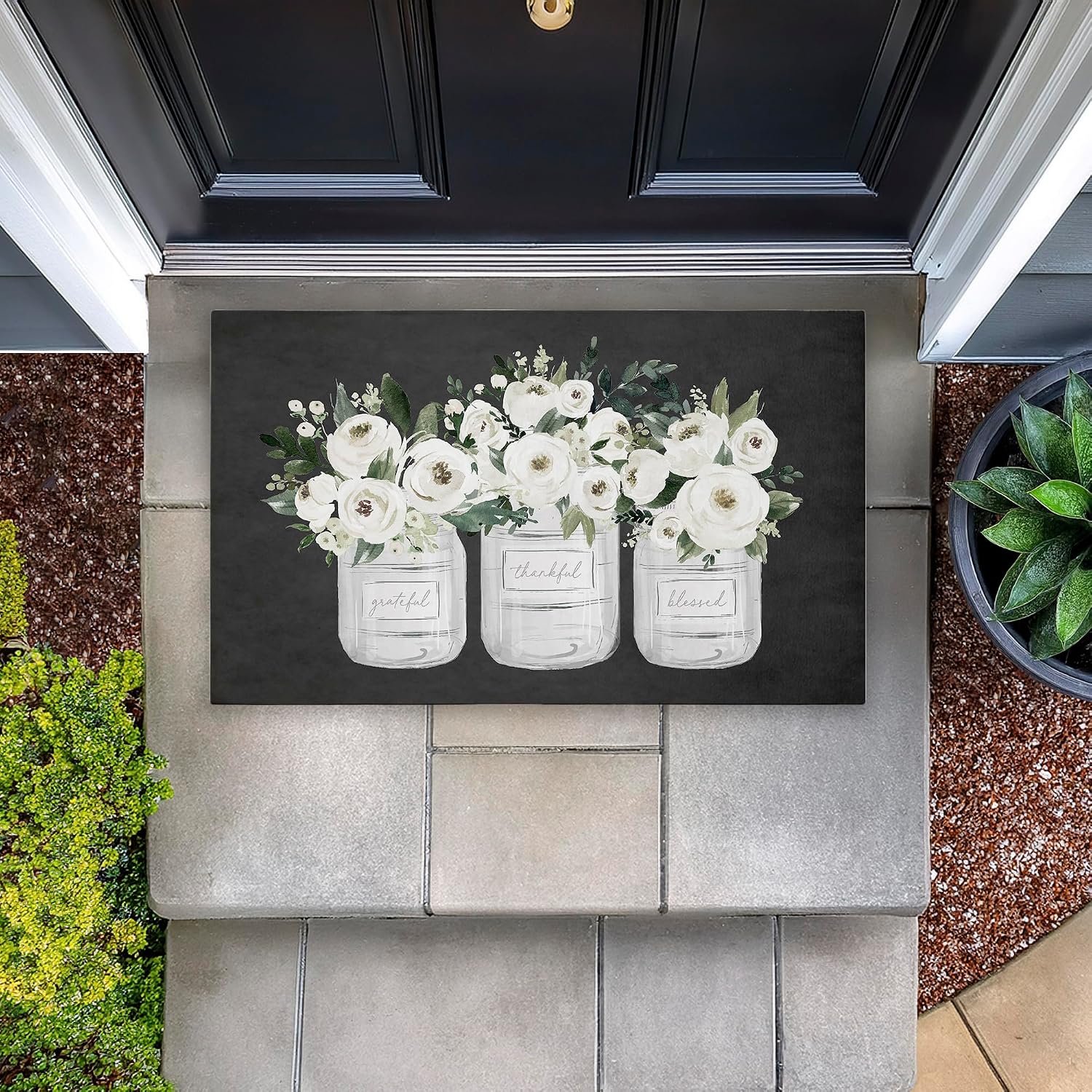 Stupell Industries White Roses in Country Jars Outdoor Door Mat, Durable Non-Slip Mat with Recycled Rubber Backing, Weather-Resistant Rustic Country Floral Design by Lettered and Lined, 18"x30"