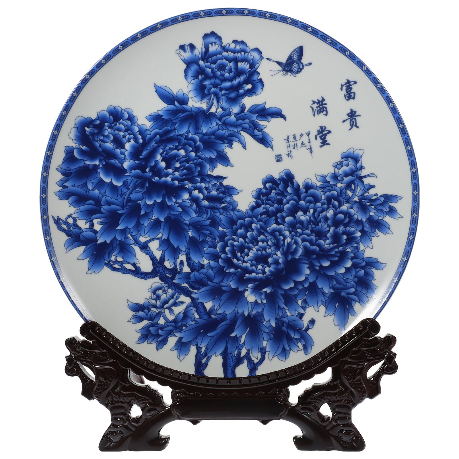 Plato Decorativo y Superficie Lisa de Cerámica Azul y Blanco con Soporte de Madera, Diseño Adecuado para Obsequio y Fotografía