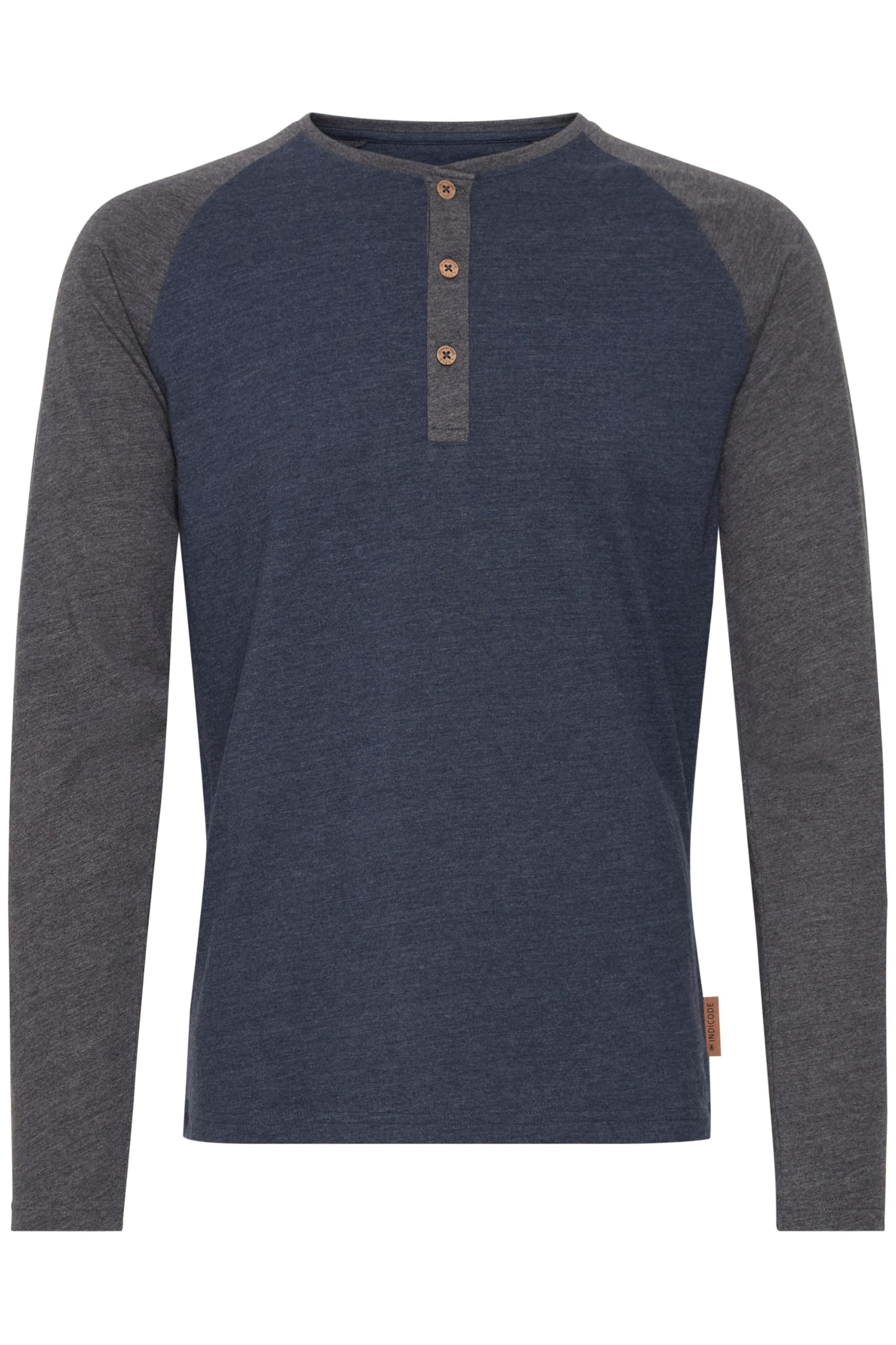 Indicode Men's Navy Mix 420 Winston Long Sleeve T-Shirt Top With Grandad Collar, Size:m, Colour:navy Mix (420)