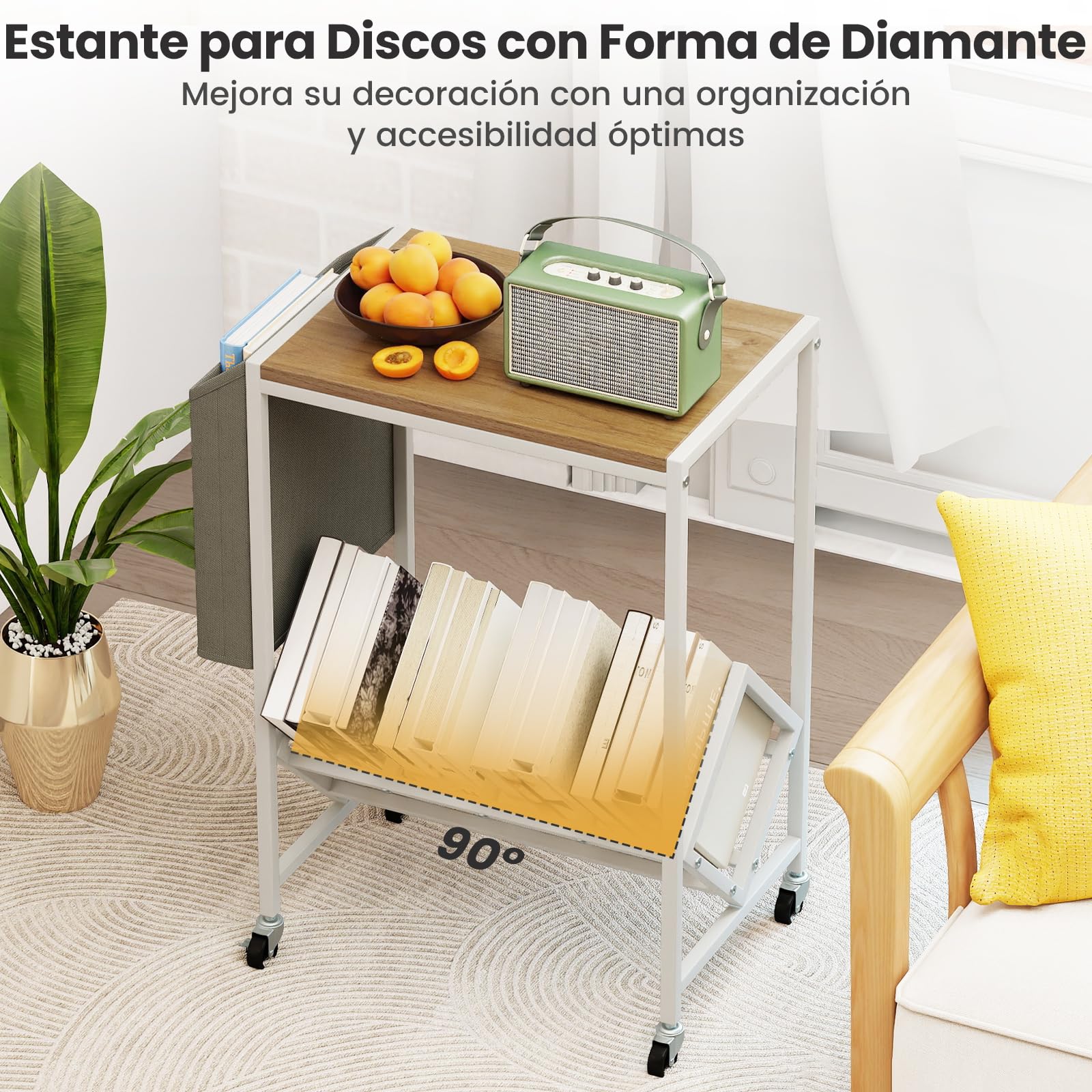 COSTWAY Mueble Tocadiscos con Ruedas, Soporte para Tocadiscos con Estante para Vinilos y Almacenaje Lateral, Mesa Auxiliar Móvil de Discos para Exhibición de Vinilos, 49,5x30x64 cm (Natural y Blanco)