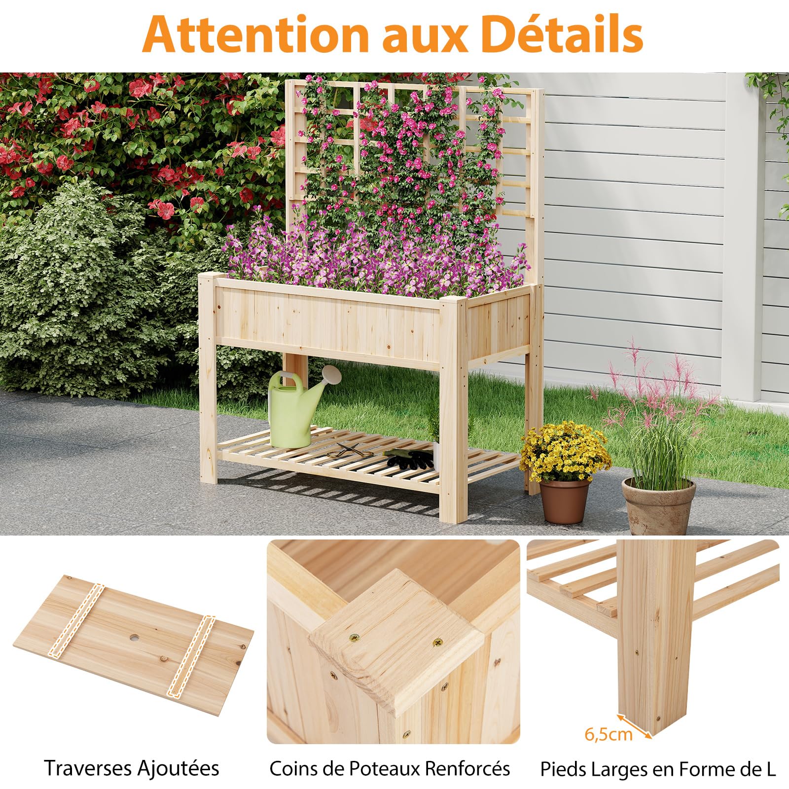 COSTWAY Jardinière Surélevée en Bois avec Treillis Métallique (Naturel)