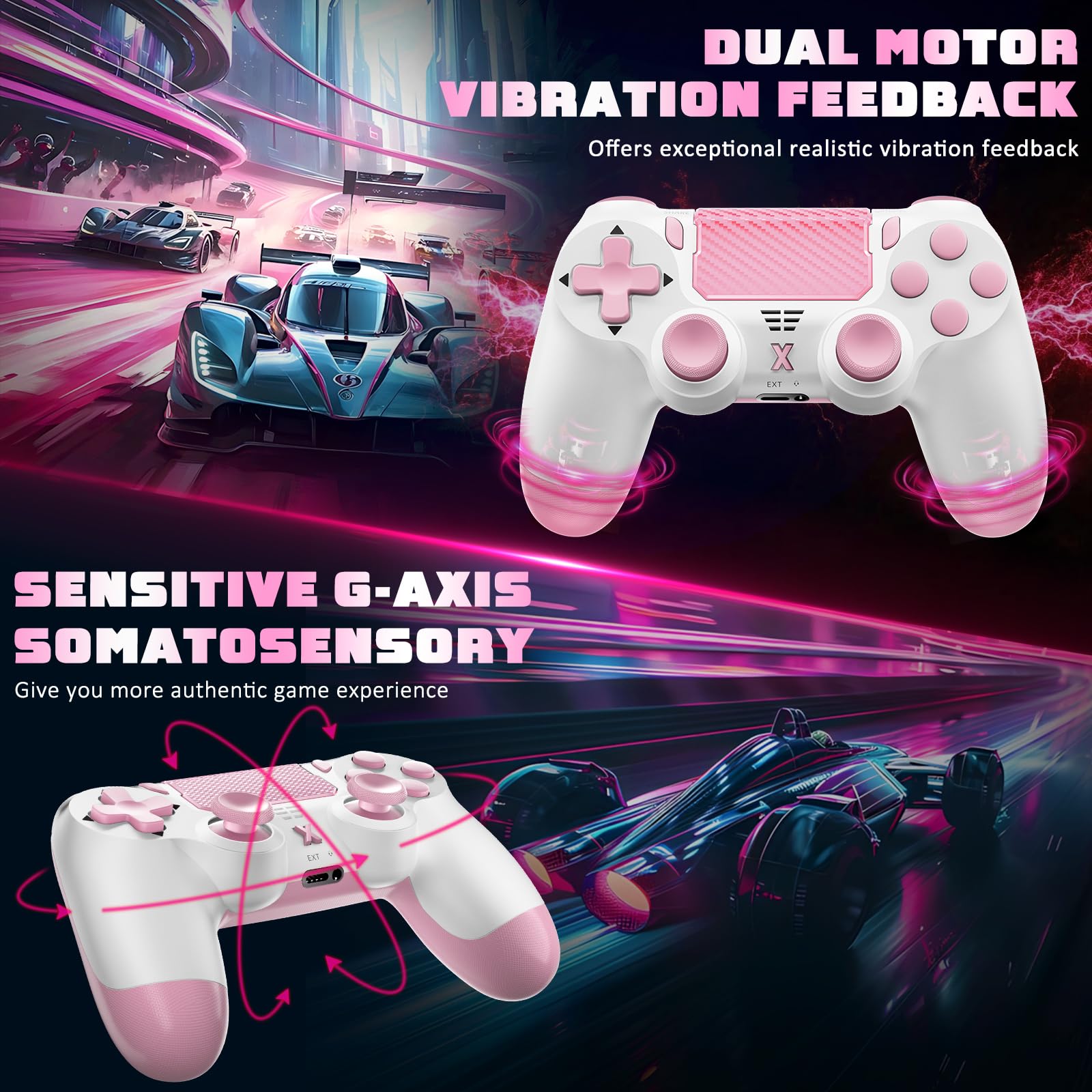 Glitfix Controller per PS4, Wireless Controller di Gioco compatibile con PS4/Pro/Slim/PC Joystick con Turbo/Tasto Indietro/Doppia Vibrazione/Sensore Giroscopico assiale/Touchpanel