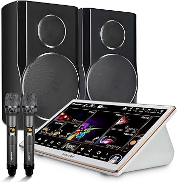 Karaoke System Set, InAndOn 18.5 inch Capacitive Touch Screen with Speaker and Wireless Microphones, YouTube, iCloud Song Update, Real-time Score, KTV Machine Fit for Bar Home Party, 6T