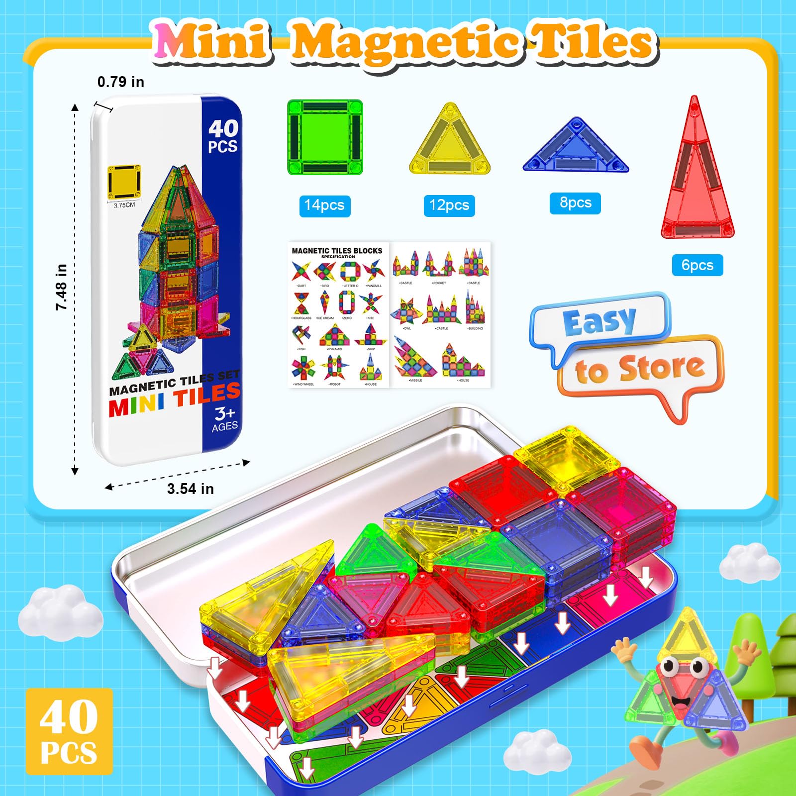 Bloques magneticos construccion niños Magnetic Tiles Definitivos para Viaje: ¡40 Piezas Mini Magnéticas para Niños 4-8 Años! Juegos Silenciosos en Coche + Juegos magneticos de Viaje