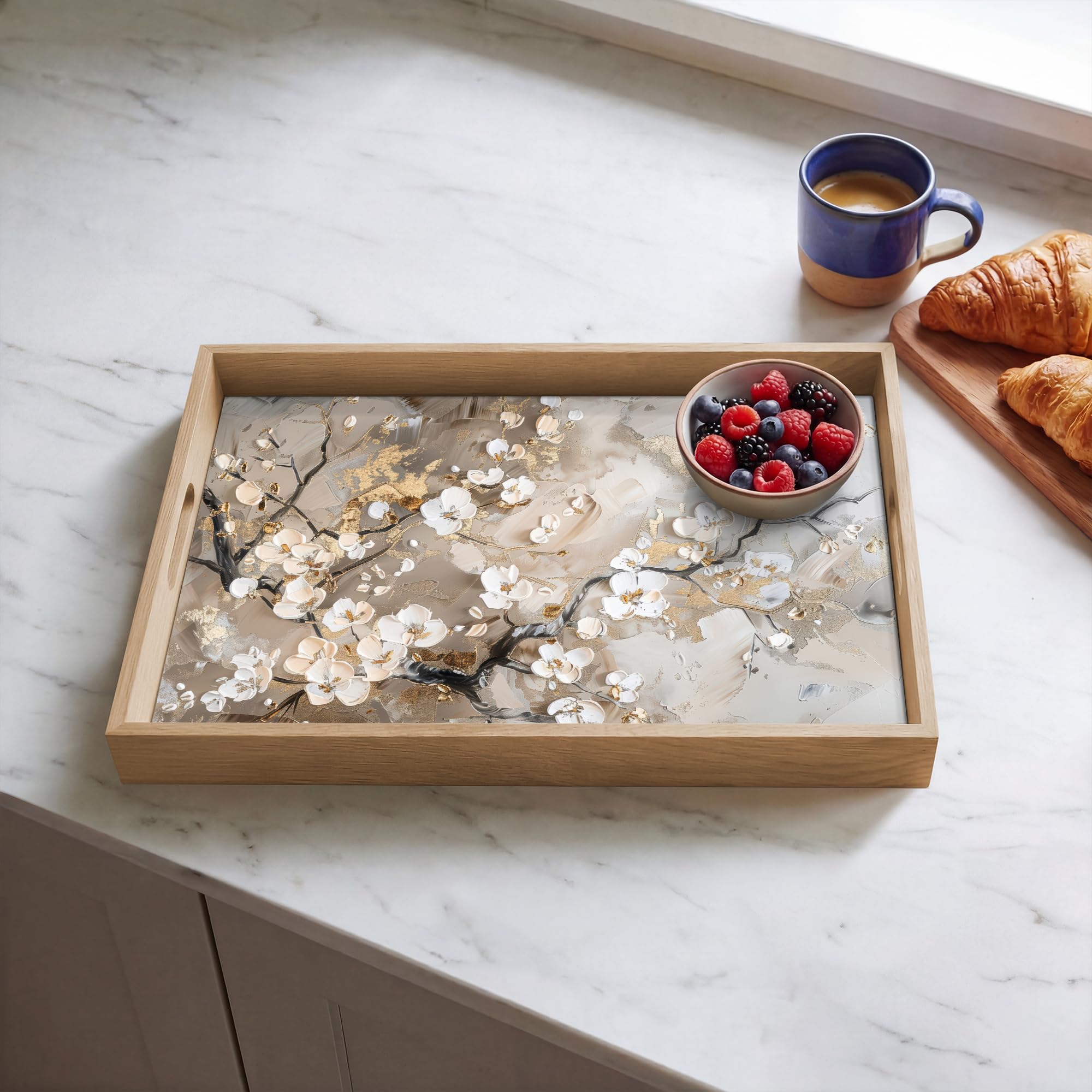 Serviertablett Rechteckig 50x35 cm Servierplatte Eiche Holz Tablett Mit Henkel Tray Kratzfest Kaffeetablett Tabletts Teetablett Blumen - Weiß - Gold - Beige - Luxus