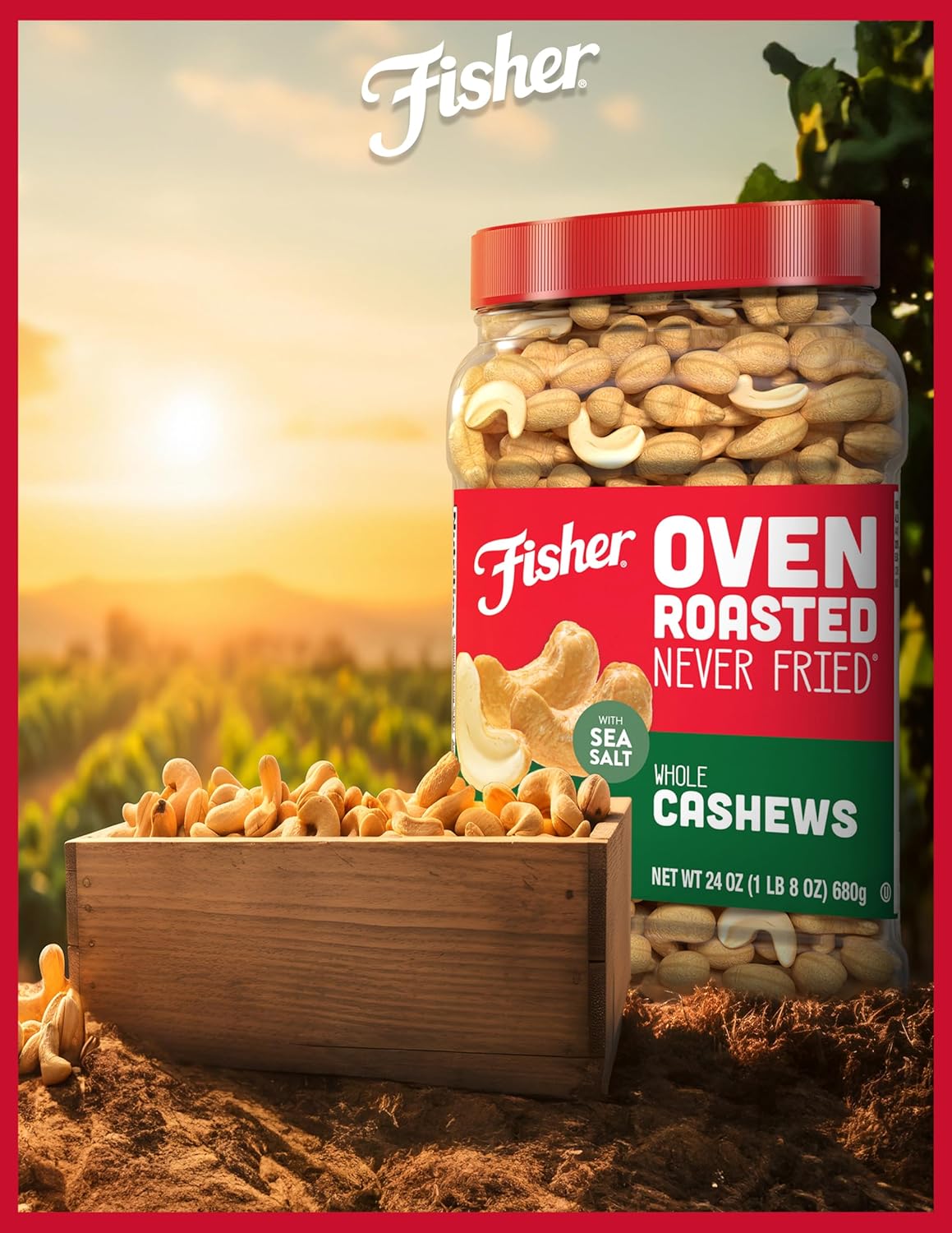 Fisher Oven Roasted Never Fried Whole Cashews, 24 Ounces (Pack of 1), Snacks for Adults, Made With Sea Salt, No Added Oils, Artificial Ingredients or Preservatives, Gluten Free, Vegan Protein, Bulk