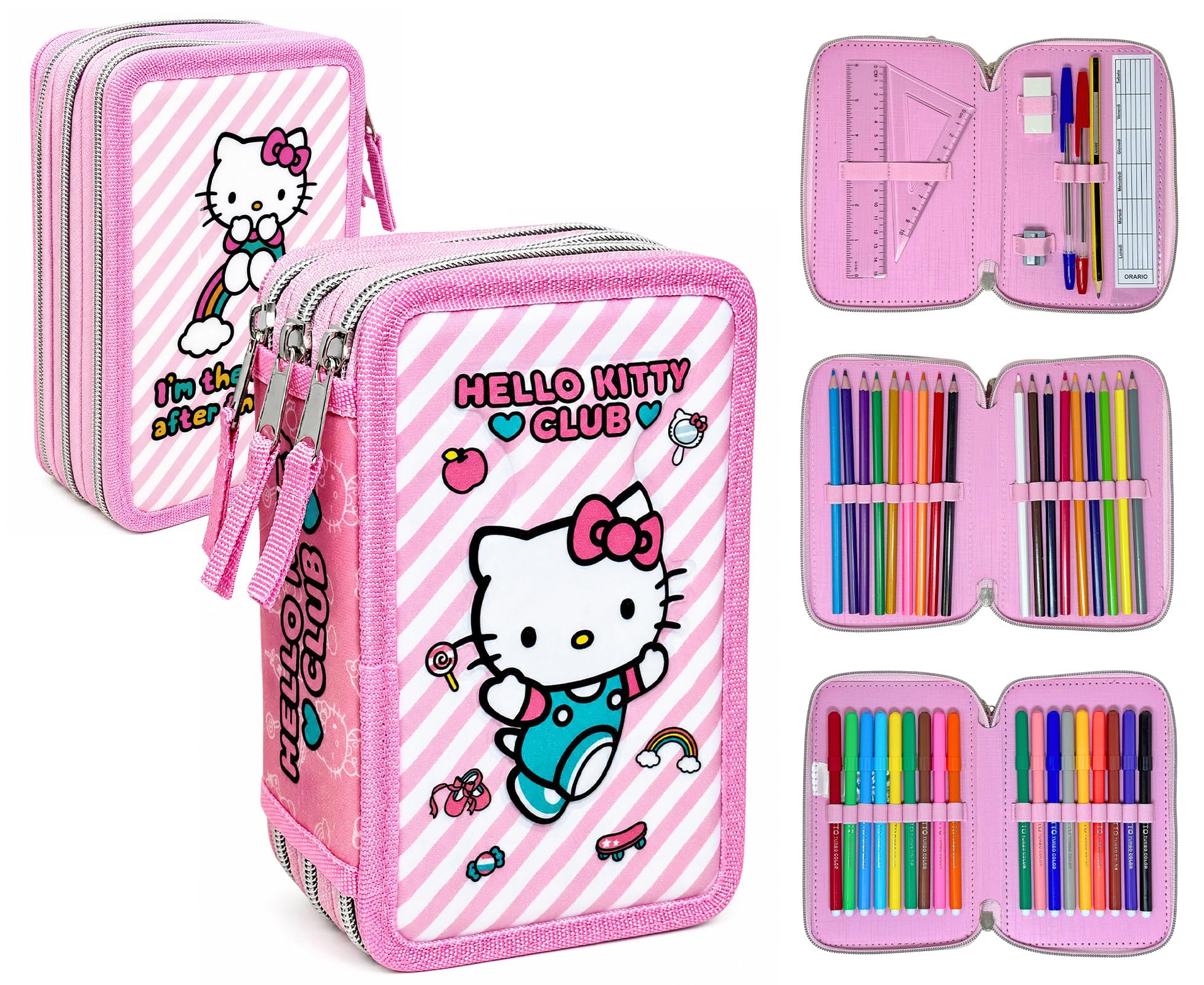 Clondo Astuccio 3 Scomparti Scuola Bambina Per Hello Kitty Fan Completo 44 Pezzi – Effetto 3D con Personaggi – 20x12x7 cm – Kit Cancelleria Triplo Corredo Elementare e Primaria 6+ Anni