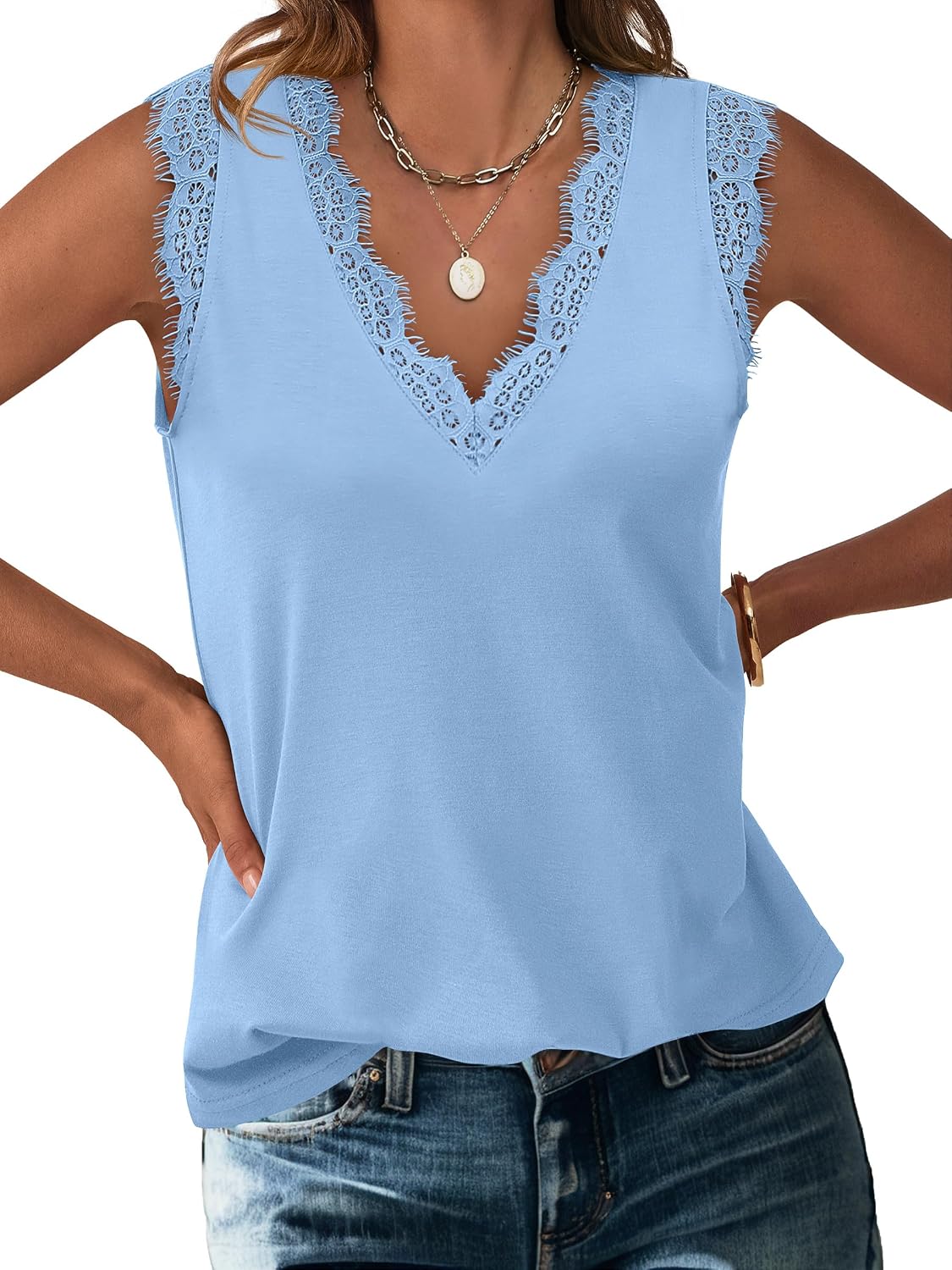 ANRABESS Womens Lace Trim Tank Tops V Neck Sleeveless Shirts Summer Casual