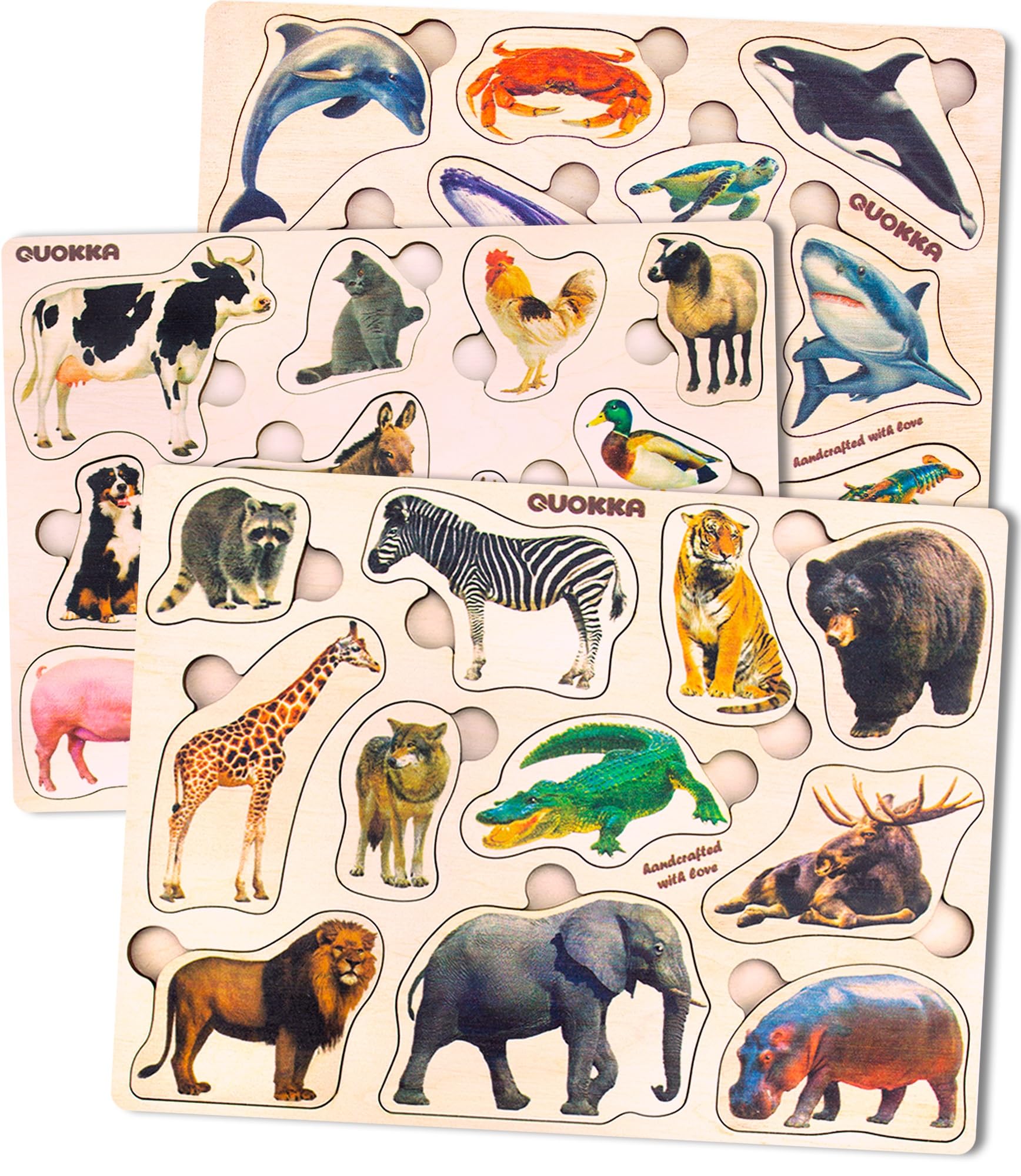 QUOKKA Spielzeug Puzzle ab 1 2 Jahre - 3 Set Montessori Holz Steckpuzzle für Kinder ab 3 4 - Realistischer Tiere Holzpuzzle ab 2 Jahre - Lernspielzeug für Mädchen and Jungen