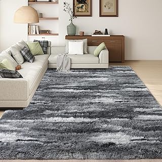 Shag Rugs for Living Room 8x10, Ultra Soft Abstract Grey Big Fuzzy Rugs ...