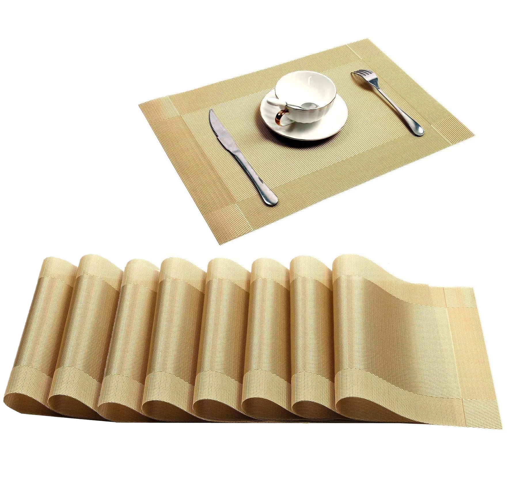 WOODTULA Placemats Set of 8 - Dining Room Table Mats - Woven PVC Placemats - Heat Resistant mat - Washable Kitchen Table Mats (8-Piece, Gold)