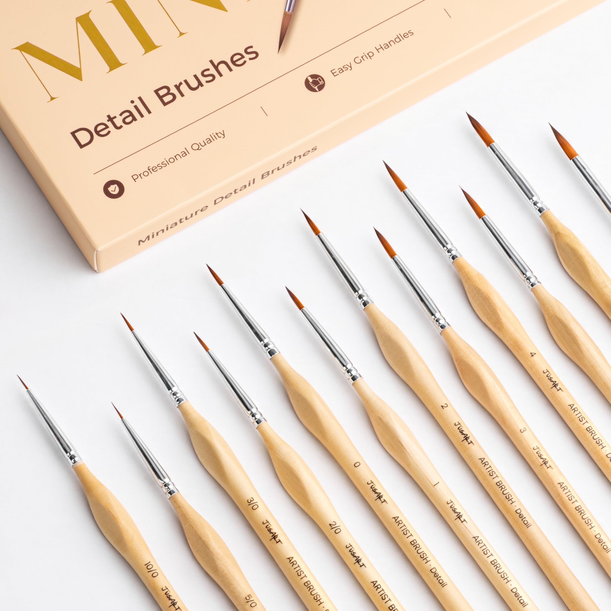 JUSART Detail Paint Brushes Set, 12 PCS Fine Tip Model Miniature Paint Brushes for Fine Detailing - Acrylic, Watercolor, Oil, Models, Rock Painting & Paint by Number - Triangular Handles (Wood)