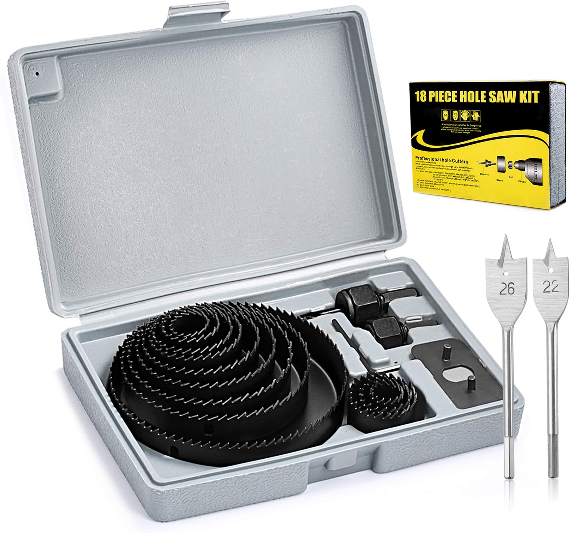 Hole Saw Kit, SS SHOVAN 18 Pcs Full Set with 12Pcs hole Saw Blades (19mm-127mm), 2 Mandrels, 2 Spade Bit, 1 Installation Plate, 1 Hex Key, Ideal for Wood, PVC Board, Drywall and Plastic Plate Drilling