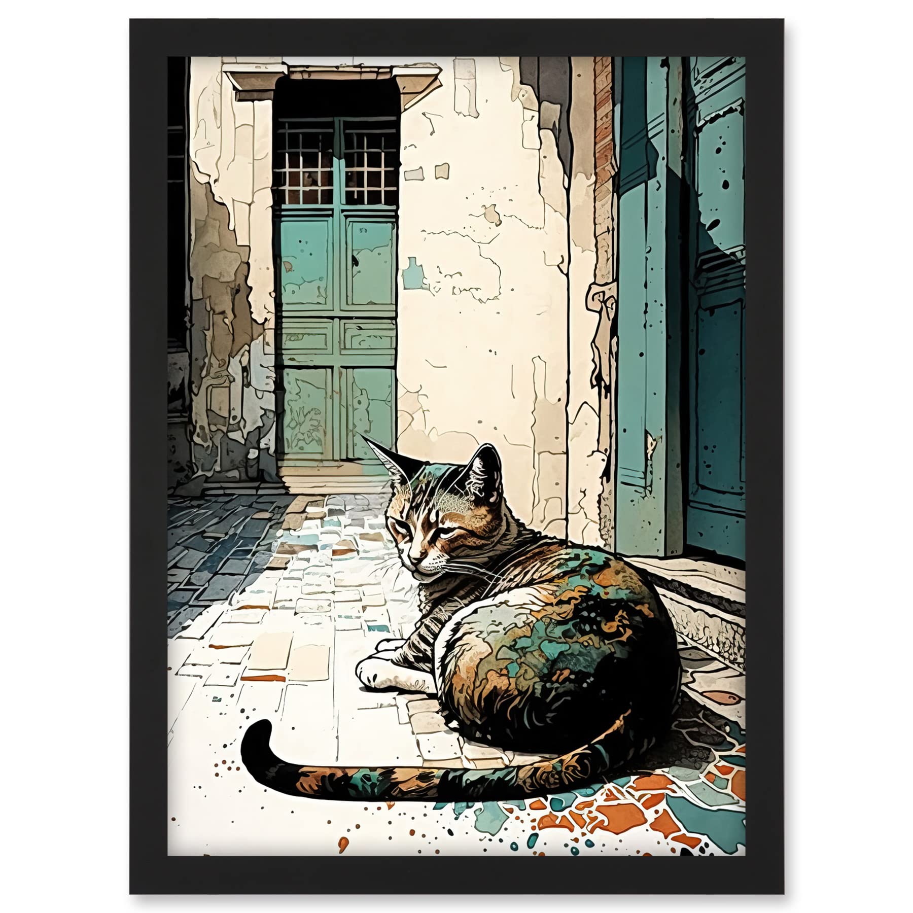 Artery8 Street Cat Sunbathing on Cobblestone Street Modern Illustration Artwork Framed A3 Wall Art Print