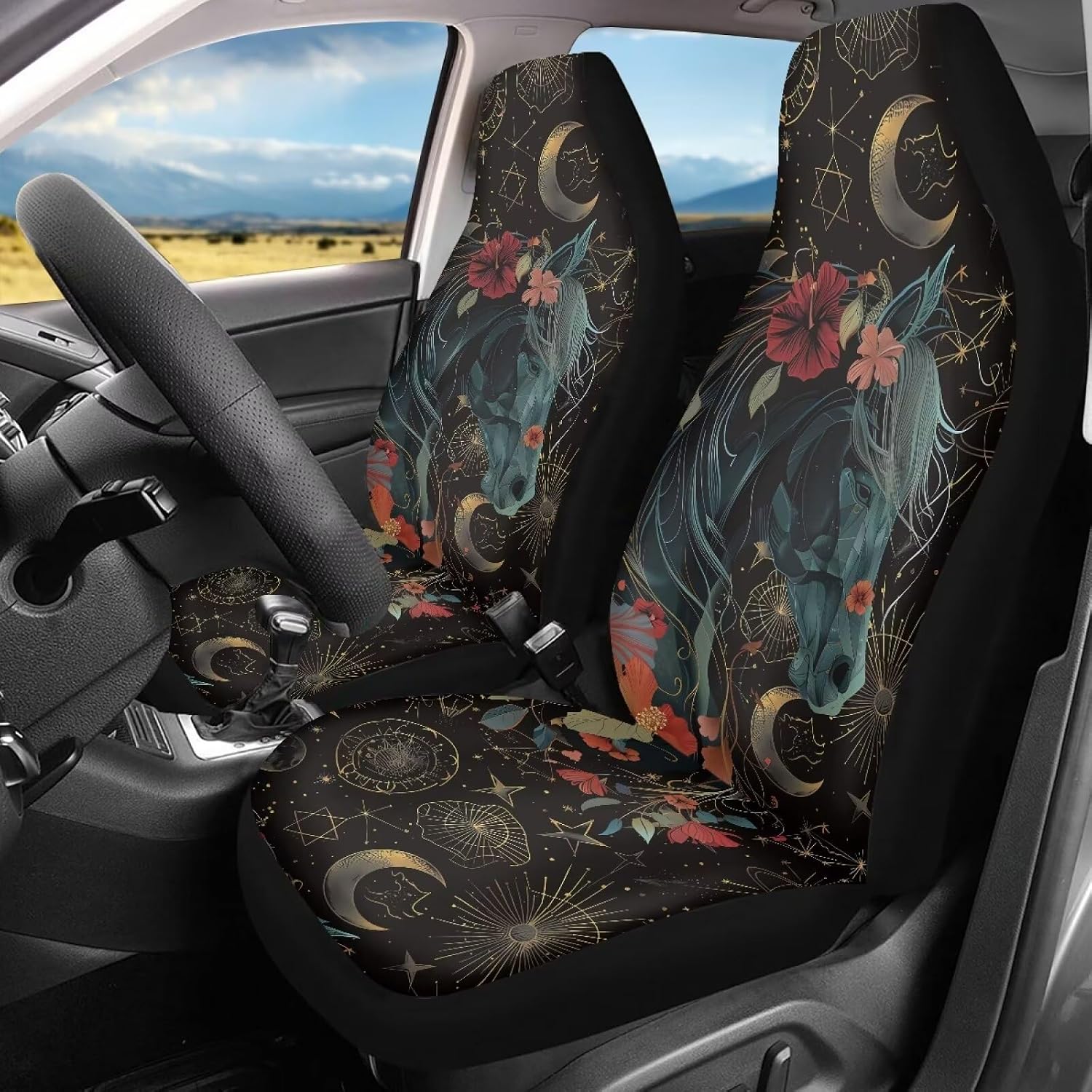 Talayituse Horse Hibiscus Print Car Front Seat Cover, Moon Star Design 2 Pack Stretchy Car Seat Cover Soft Bucket Vehicle Seat Protector, Polyester Comfortable Auto Seat Cushion for SUV Van Sedan