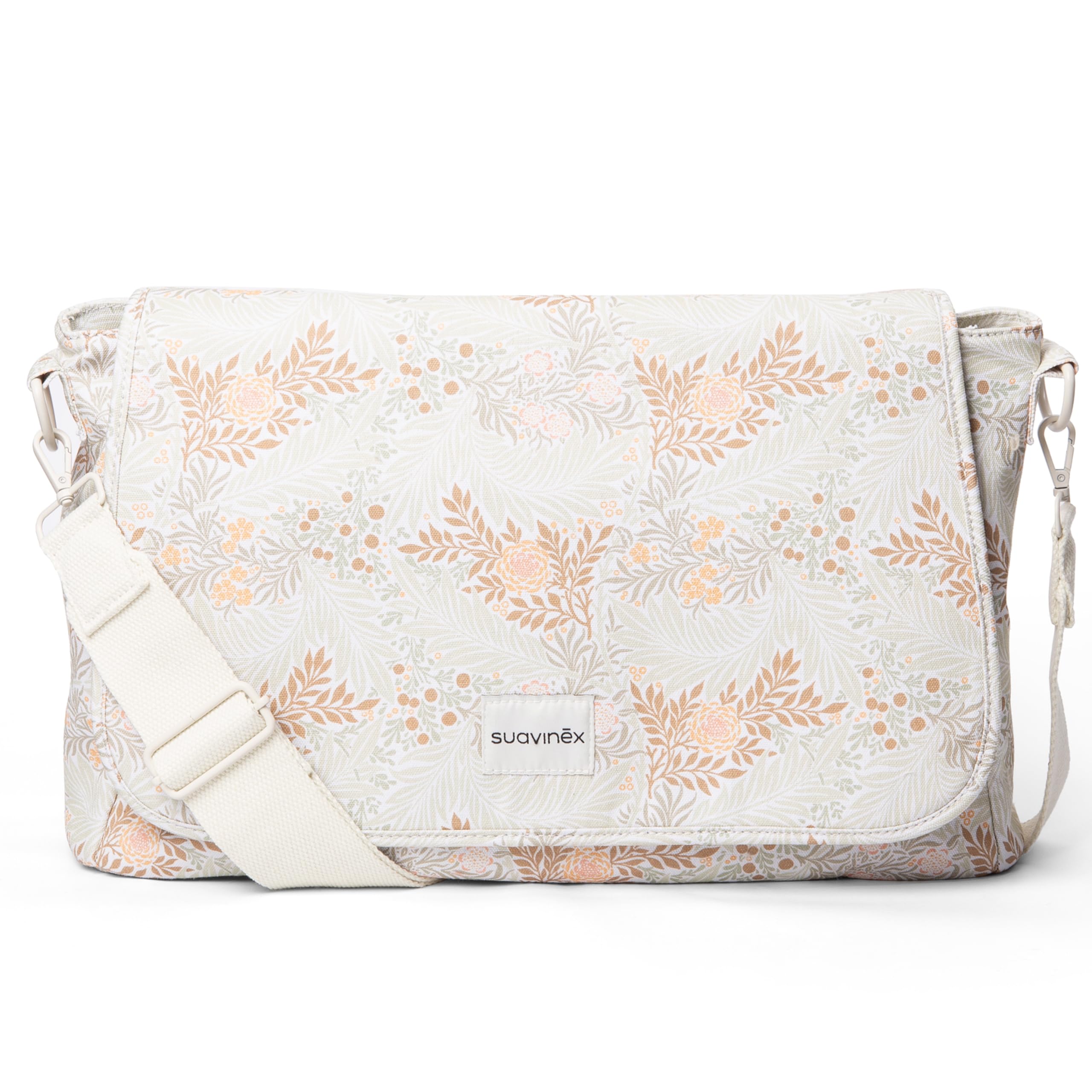 Suavinex, Bolso Maternidad Bandolera, Bolso Carro Bebé de Gran Capacidad, Asas Ajustables al Carrito, Solapa y Cierre de Cremallera, Impermeable, con Bolsillos Interiores, Beige Flores