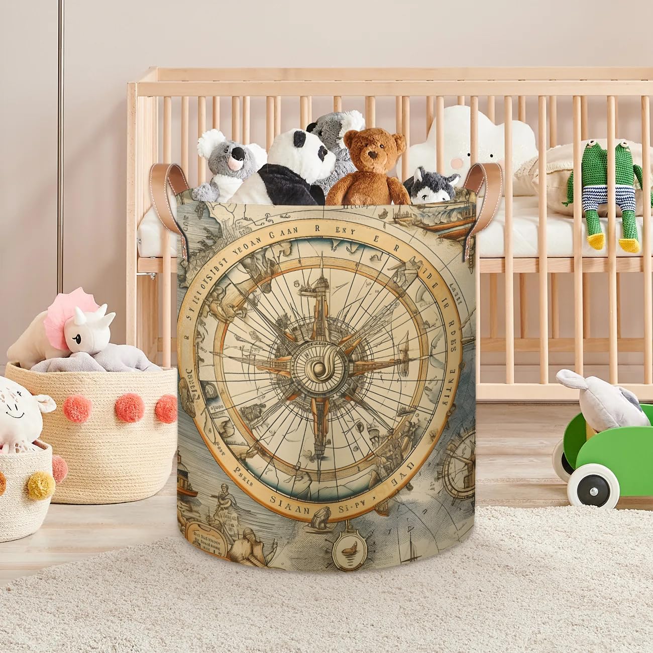Compass Navigation Round Laundry Basket, Large Clothes Hamper with Leather Handle, Collapsible Laundry Hamper Storage Bin for Home Dorm Office