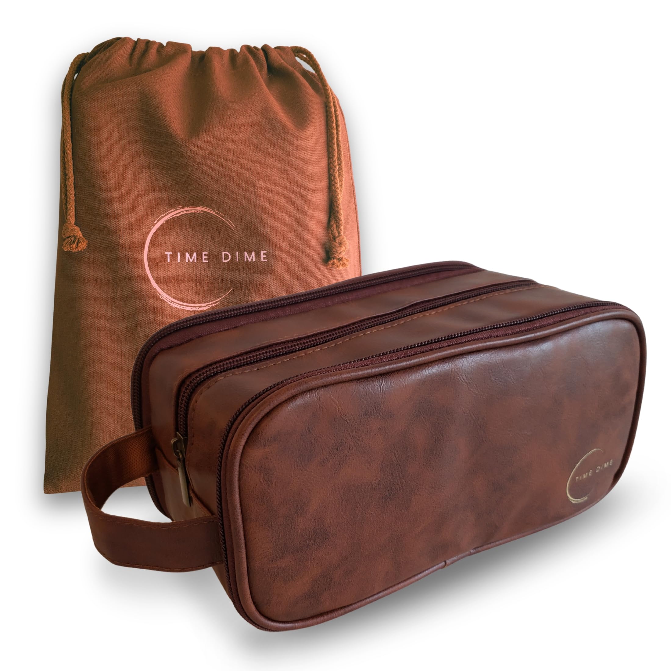 Premium Herren-Kulturbeutel mit Kordelzugbeutel – strapazierfähiger, wasserabweisender Reise-Organizer in Lederoptik für Rasur, Pflege und Hygiene-Essentials, Kastanienbraun, 9.8 x 5.1 x 4.5
