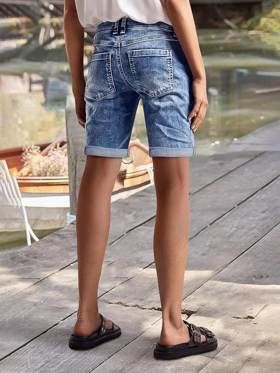 Flamingals Bermuda Shorts for Women Knee Length Mid Rise Stretchy Denim Shorts Roll Hem Casual Boyfriend 90s Summer Jorts - Image 4