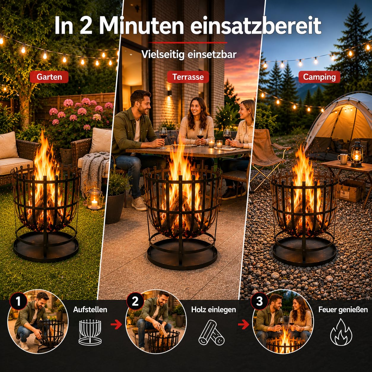 Robuster Feuerkorb Feuerstelle Eisen 55x40 cm Feuerschale mit Bodenplatte Ideal für Lagerfeuer, Garten & auf der Terrasse & HLKauf-Block