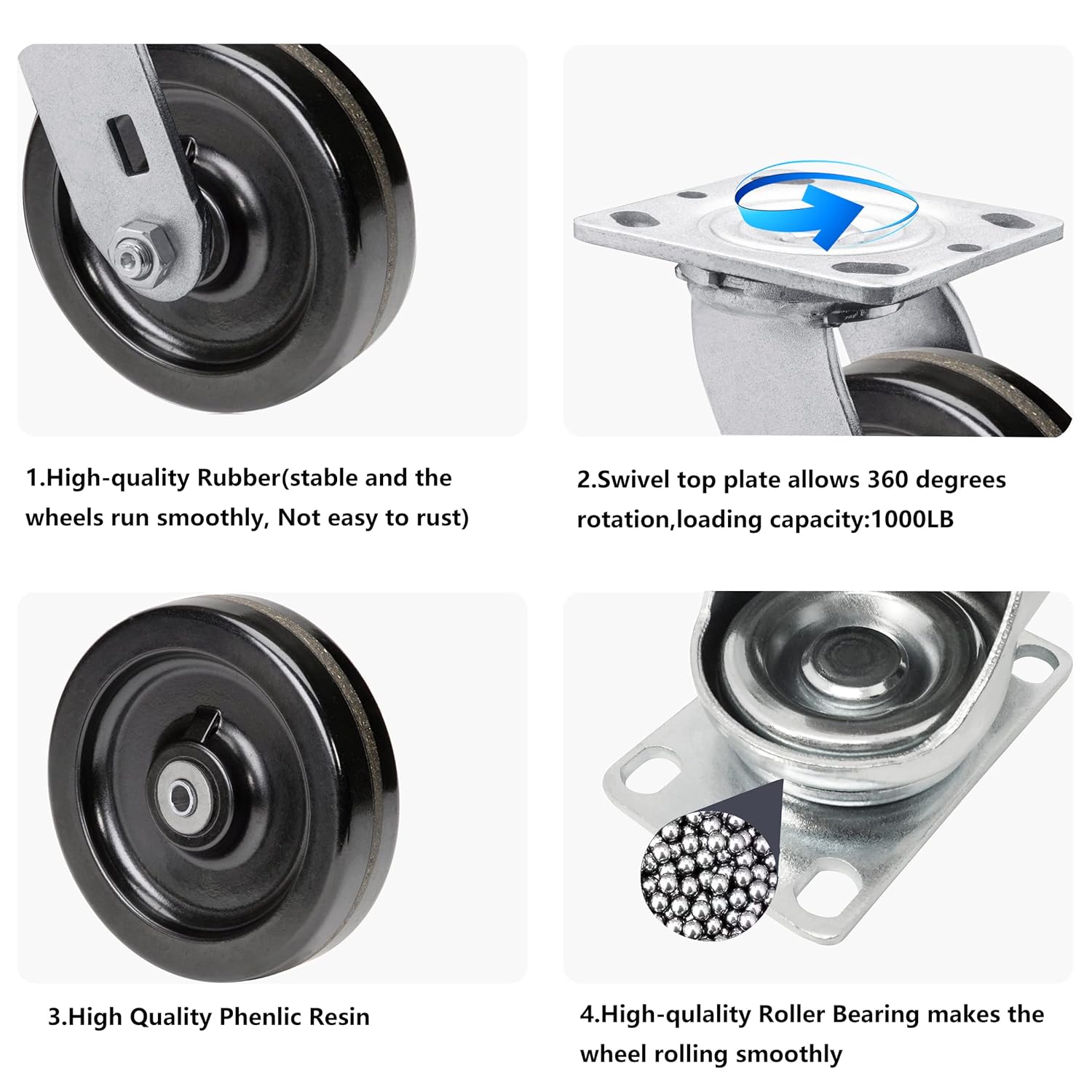 5"x2" Phenolic Wheel Top Plate Swivel Caster with Roller Bearing Capacity Up to 1000lbs (1 Swivel)