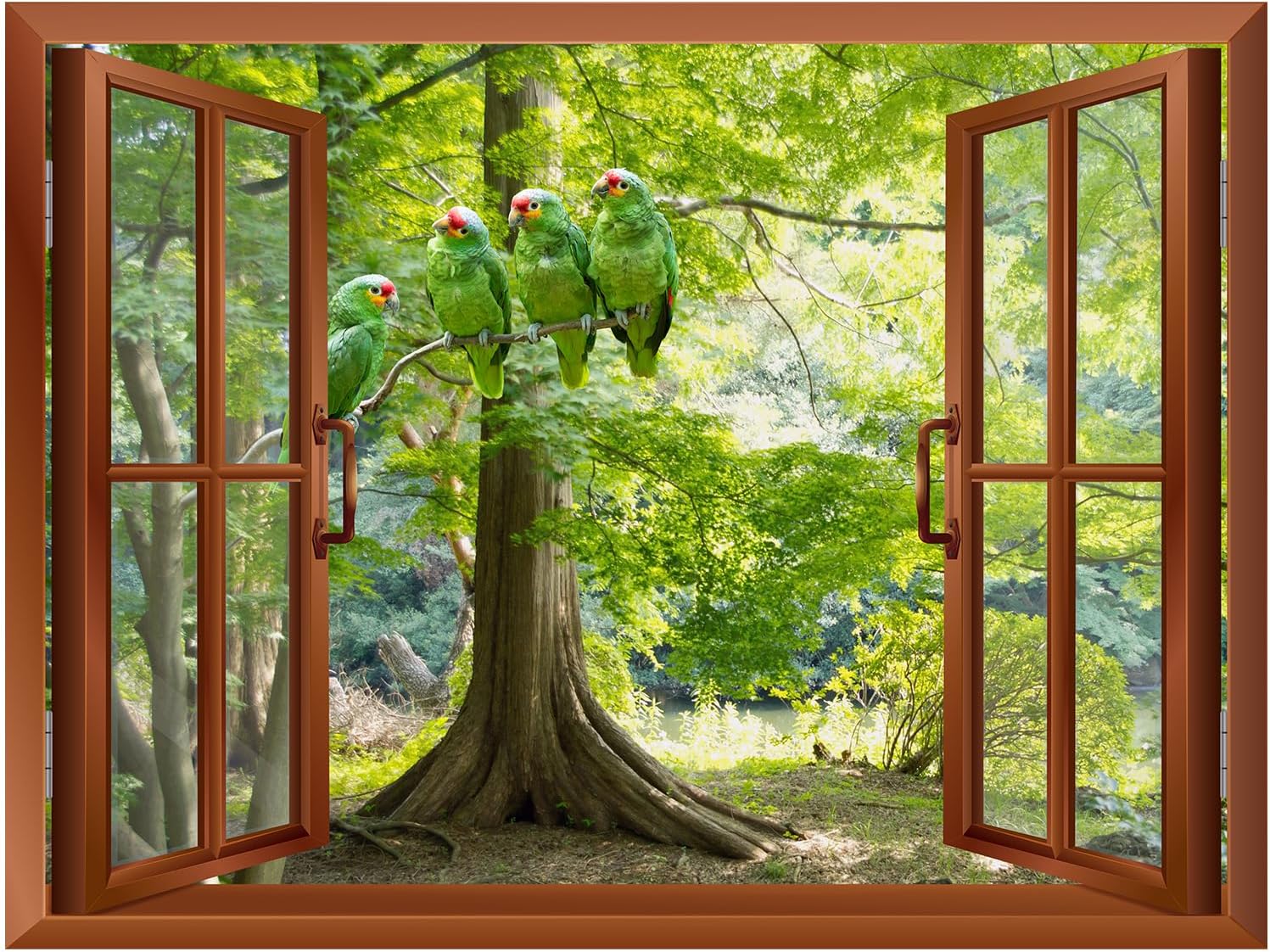 wall26 Wall Sticker Green Parrots Sitting on The Branch Outside Open Window Wall Mural, Not Peel and Stick, Non-Woven Wallpaper Decorative for Bedroom, Living Room, Office - 24"x32"