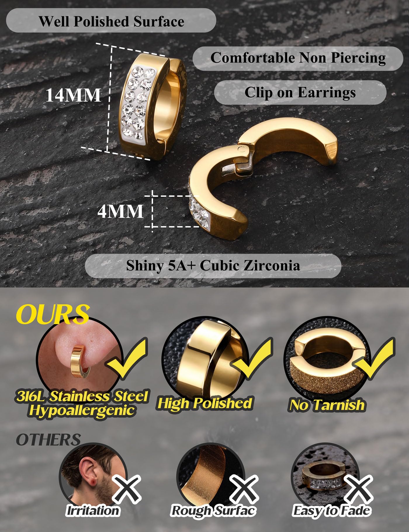 3 pares de aretes de aro de acero inoxidable para hombre y mujer con circonita cúbica sin perforación, Acero inoxidable Circonita cúbica, Circonia cúbica 6