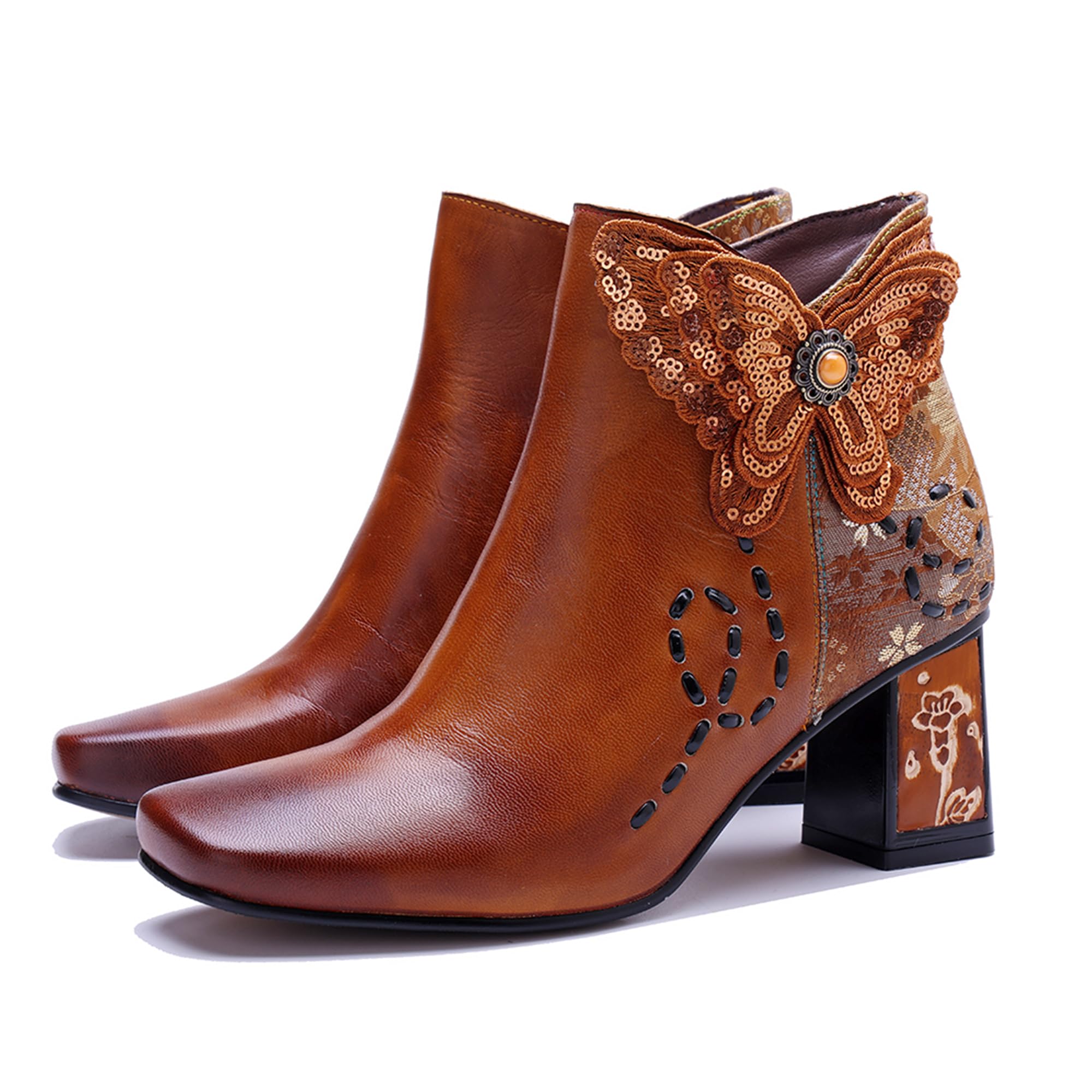 Womens Handmade Retro Lambskin High Heel Boots Colorful Painting Metallic Style - Fashion Comfortable Durable Unique Minority Style