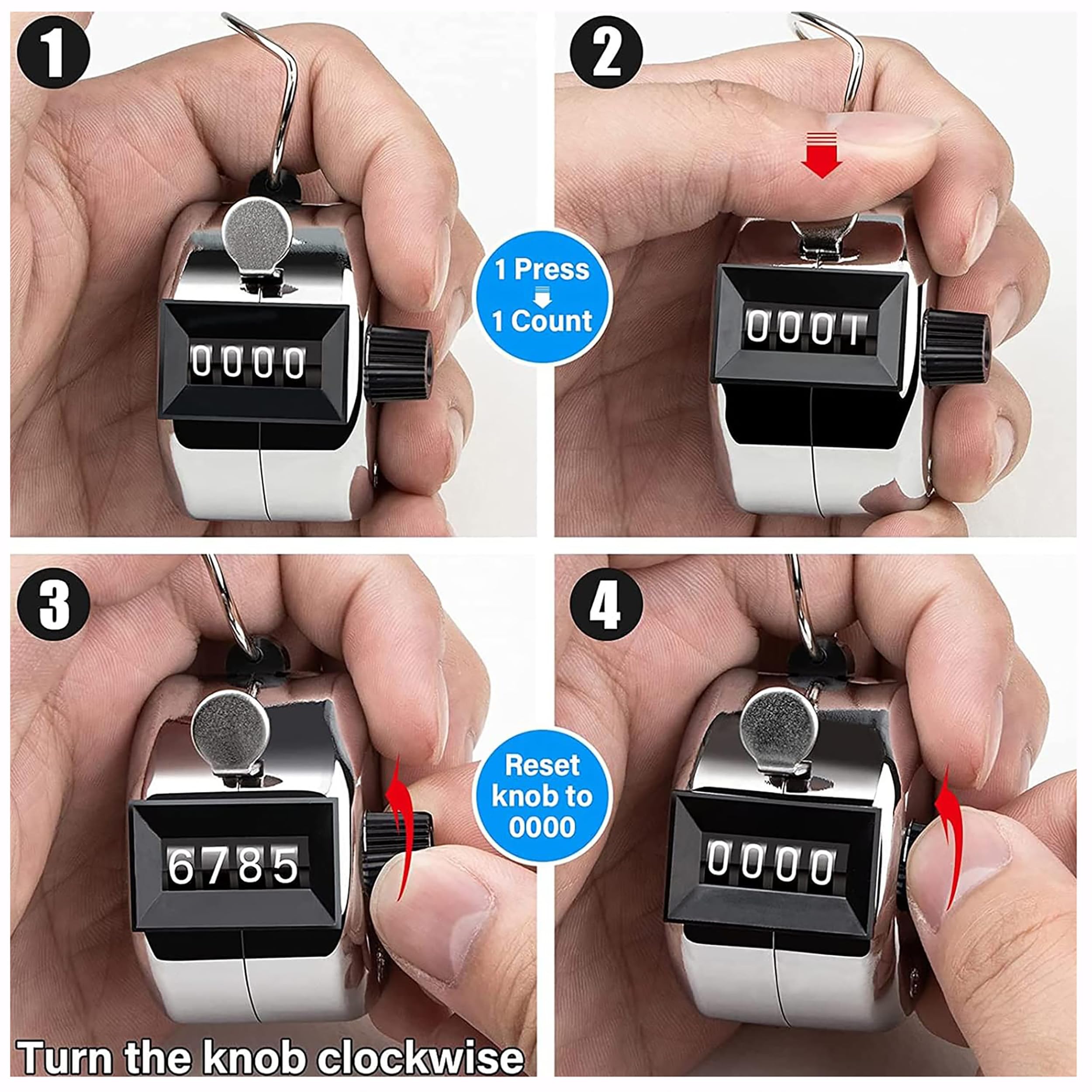 GLUN® Contador de 4 dígitos, contador de pasos de mano, diseño de metal duradero, uso en entrenamiento, tejido, pujas y conteo de pasos, paquete de 1