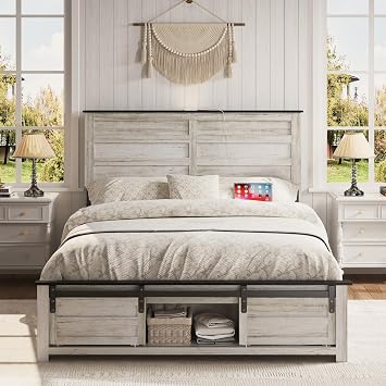 Full Size Wooden Bed Frame with Headboard and Storage Footboard | Farmhouse Platform Bed with Sliding Barn Door, Charging Station, LED Lights, Wooden Slats, No Box Spring Needed, Boho White