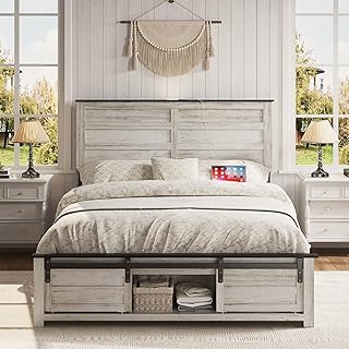 Wooden Bed Frame Full Size with Headboard & Sliding Barn Door Storage Fo...