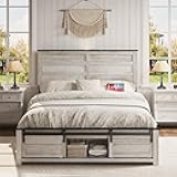 madeslves Wooden Bed Frame Full Size with Headboard & Sliding Barn Door Storage Footboard, Farmhouse Platform Bedframe with Charging Station, No Box Spring Needed, Boho White