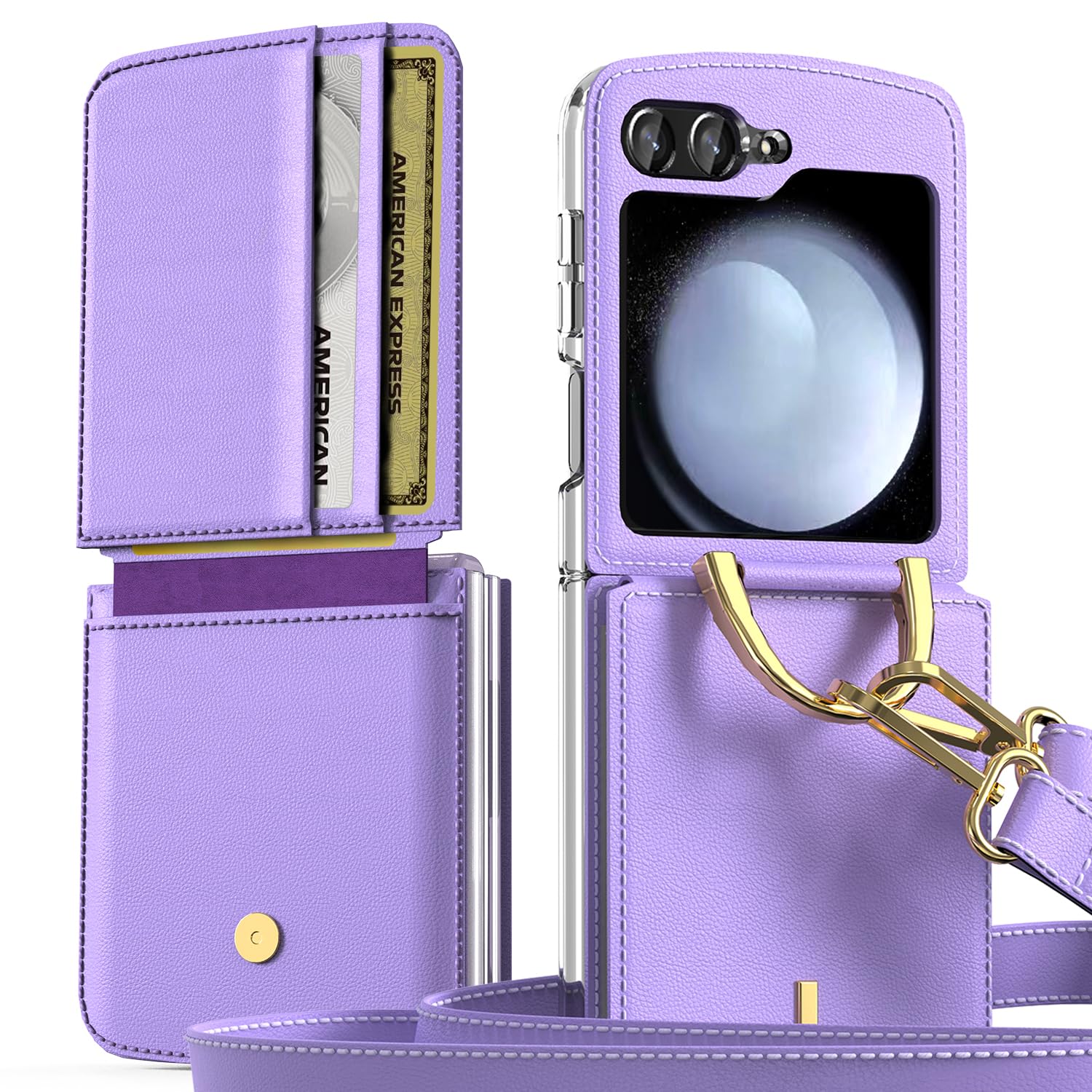 X-FOUR Compatible with Galaxy Z Flip 5 Wallet Case with Card Holder PU Leather Crossbody Strap Metal Stand Phone Case for Samsung Galaxy Z Flip 5 (