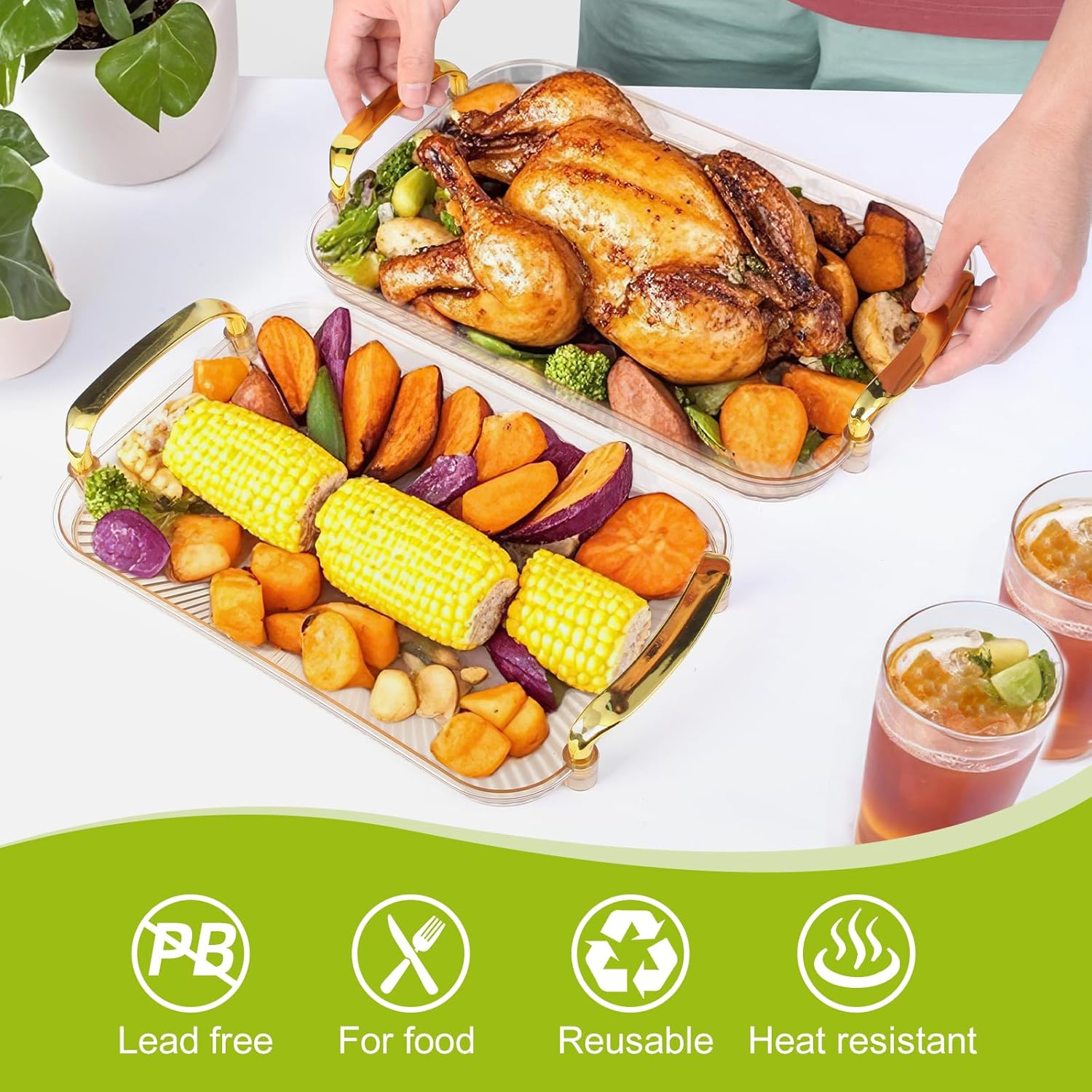 3 Pack Serving Tray with Handles, Stackable Reusable Trays for Serving Food, Plastic Serving Platters for Party, Charcuterie, Fruit, Appetizer, Amber Gold thumbnail