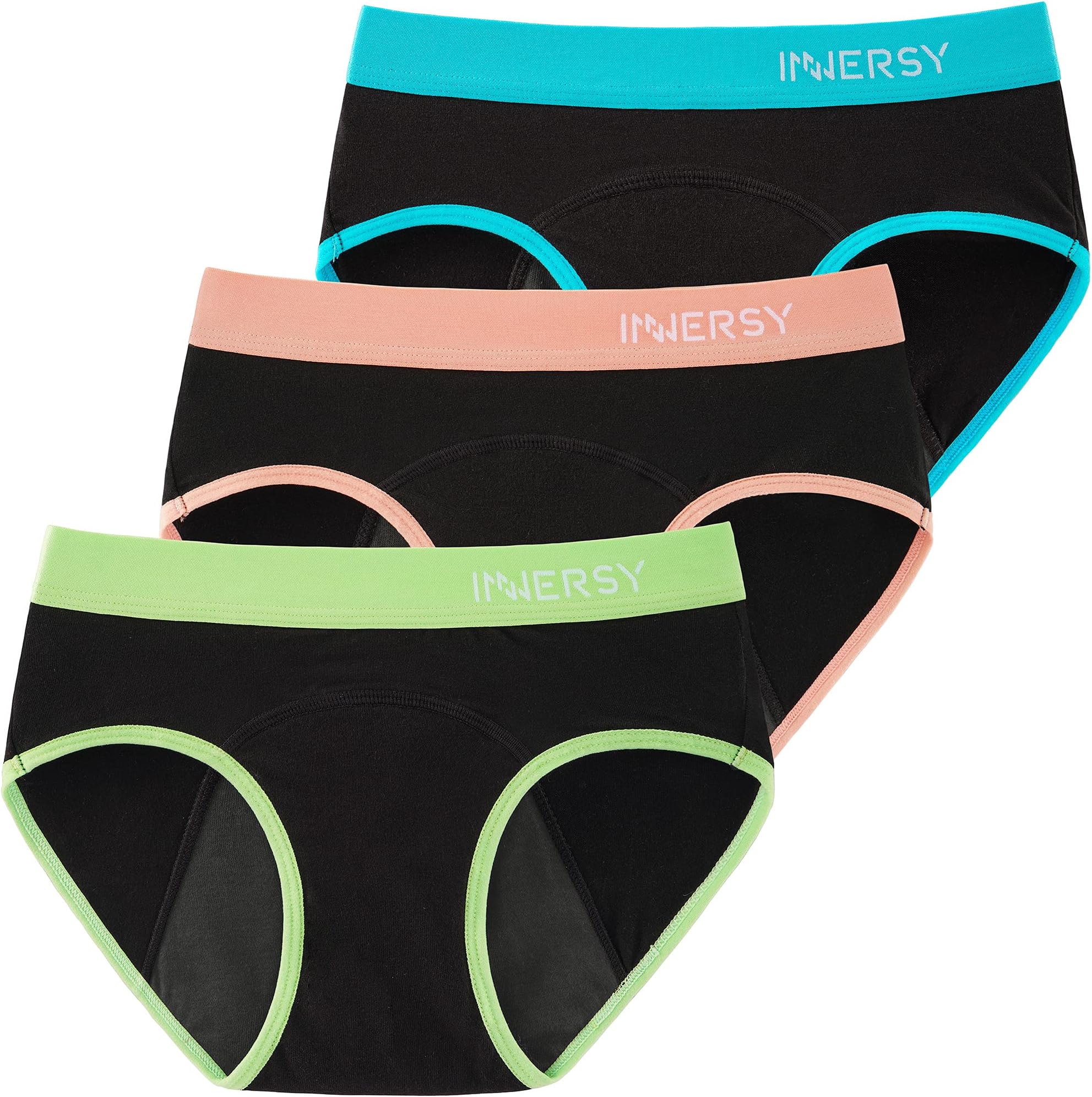 INNERSY Teen Girls Knickers Menstrual Underwear Cotton Leak-proof Period Pants Pack of 3, Colourful Black, 12 Years