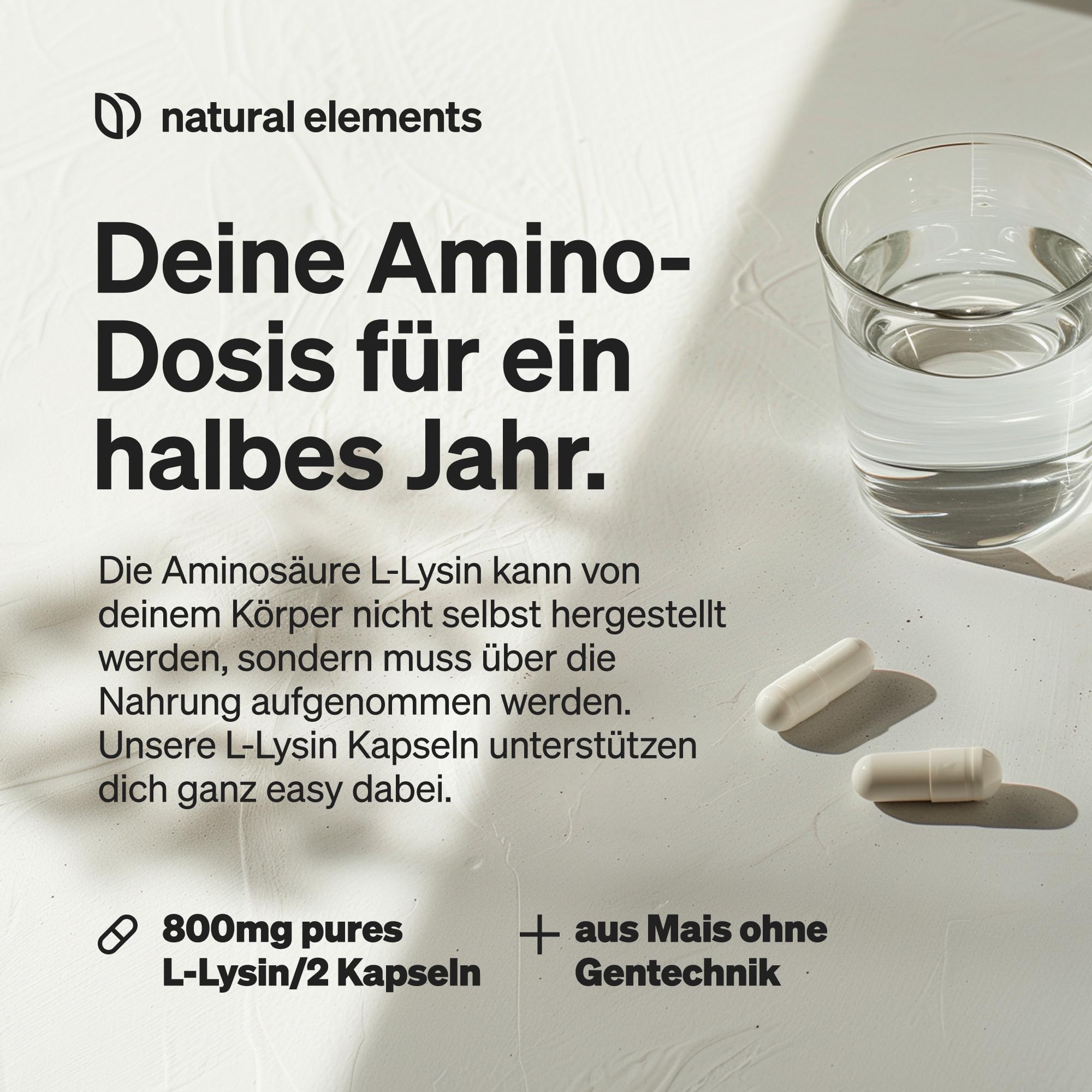 natural elements L-Lysin – 365 Kapseln – 800mg L-Lysin – Aus pflanzlicher Fermentation – ohne Gentechnik – vegan, optimal dosiert, ohne unnötige Zusätze
