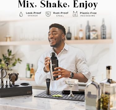 BARE BARREL Mixology Bartender Kit Bar Set | 14-Piece Cocktail Shaker Set | Martini Barware Mixing Tools for Home Bartending | Incl. 35 Recipe Cards | Gift Set (24oz Cobbler Shaker, Jet Black/Black)