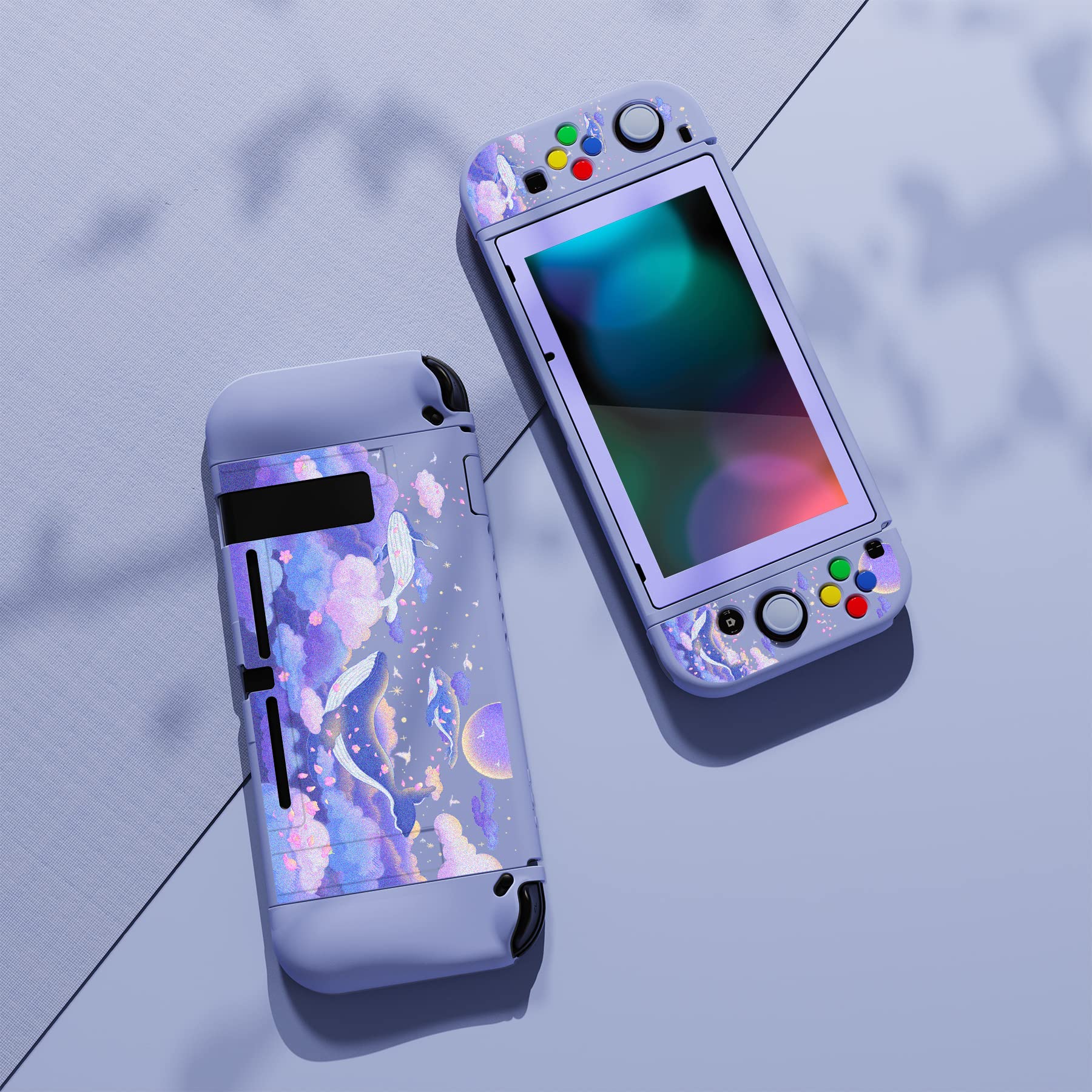 PlayVital ZealProtect Funda Protectora Suave para Nintendo Switch Accesorios Carcasa con Protector de Pantalla & Tapas de Agarre para el Pulgar & Pegatinas de ABXY Dirección Botón(Ballena en Sueño)