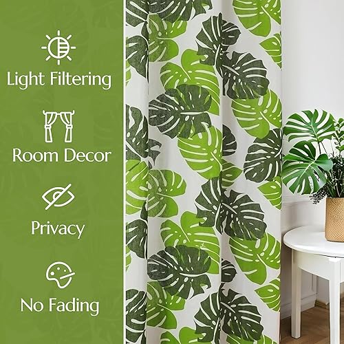 Miniatura 4 de BROSHAN Cortinas tropicales cortas para ventana de dormitorio, 63 pulgadas de largo, con patrón de hojas verdes, bosque de selva, juego de 2 paneles