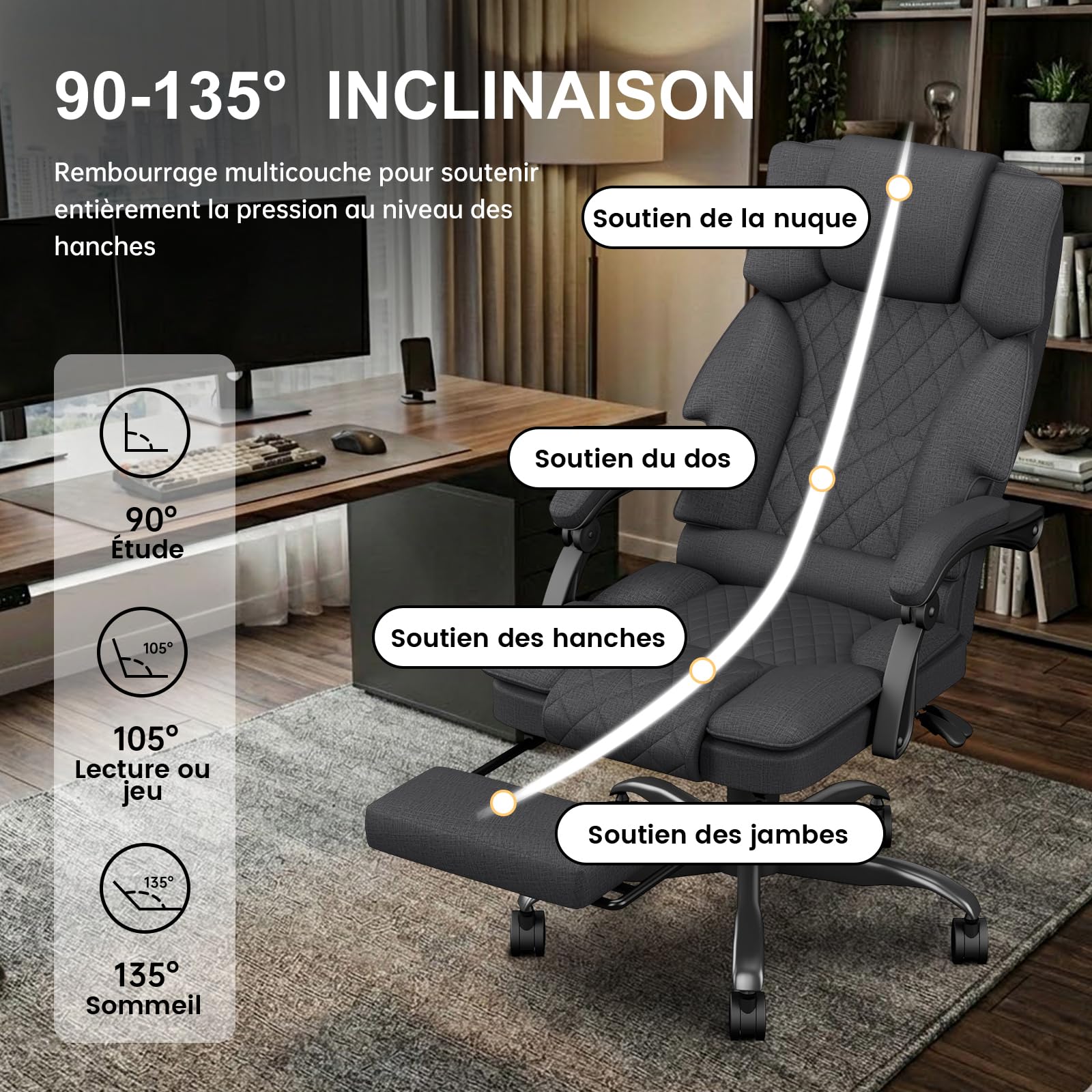 Chaise Bureau, Chaise de Bureau Ergonomique Repose-Pieds Tissu, Fauteuil de Bureau Réglable Hauteur, roulettes Rotatives, Fauteuil Bureau Ergonomique Dossier Réglable, Chaise Gaming, Gris Foncé