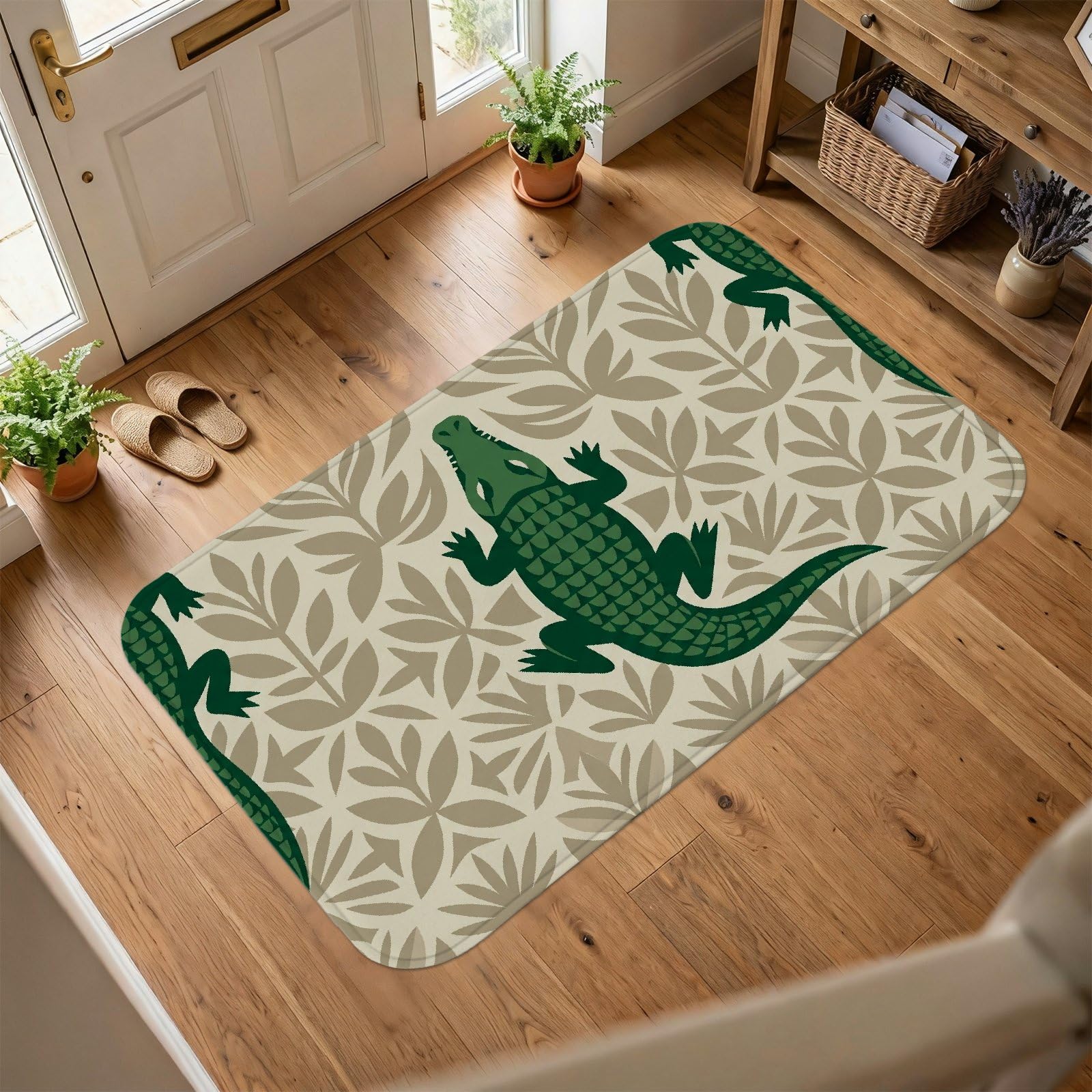 Alfombra de área de cocodrilo, diseño tropical de hojas naturales, sin esponja de pelo bajo, suave, rectangular, resistente a las manchas, para sala de estar, dormitorio, aula, decoración de