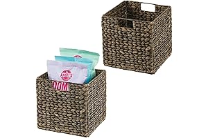 mDesign Natural Woven Water Hyacinth 2-Pack Stackable Cube Storage Organizer Baskets with Handles