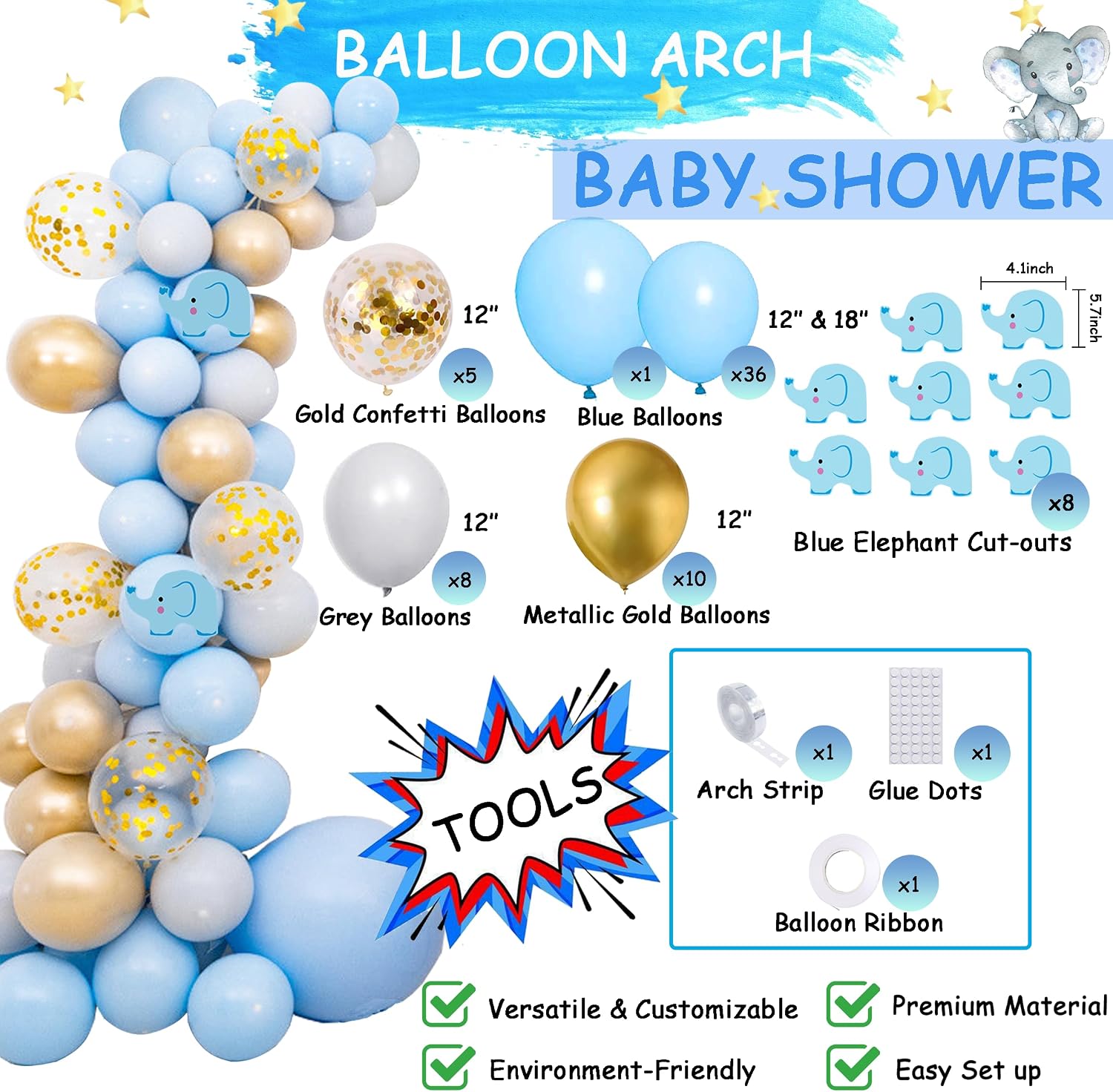 Blue Elephant Baby Shower Decorations for Boy, Baby Boy Shower Supplies, It's a boy Backdrop Banner Balloon Arch Kit Cake Topper Cupcake Topper Cutout for Baby Shower Decorations for Boy