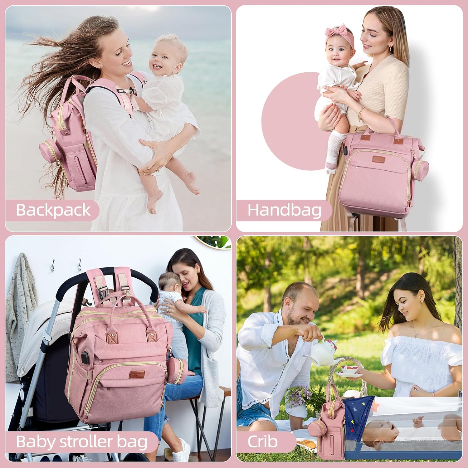 Diaper Bag Backpack with Portable Station & USB Port, Large Capacity Travel Baby Bag with Changing Pad, Waterproof Multi-Function Maternity Backpack for Mom & Dad (Pink)